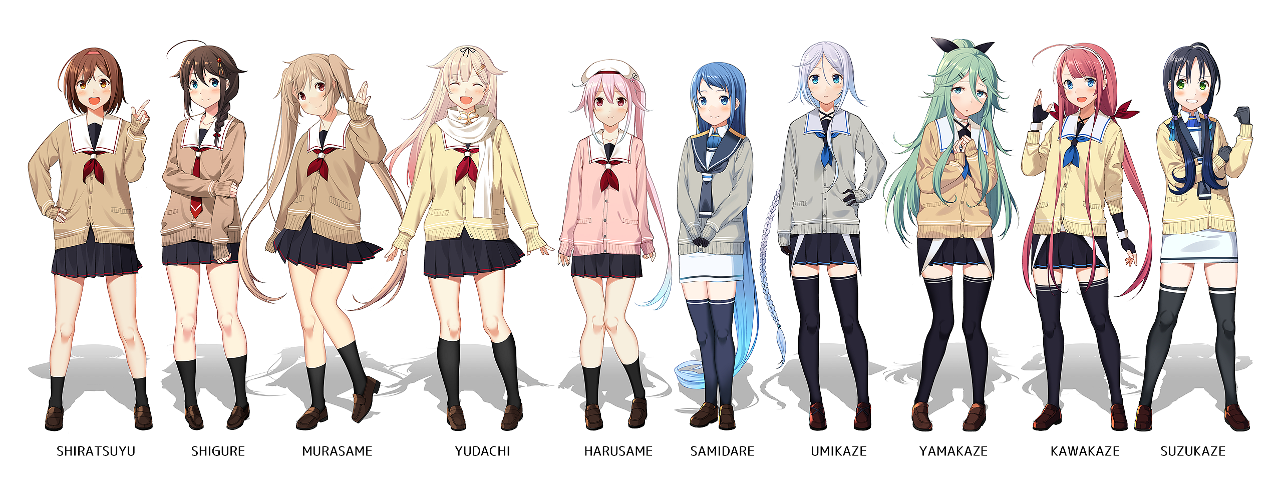 Kancolle characters Shiratsuyu, Shigure, Murasame, Yuudachi, Harusame, Samidare, Umikaze, Yamakaze, Kawakaze, and Suzukaze HD Wallpaper
