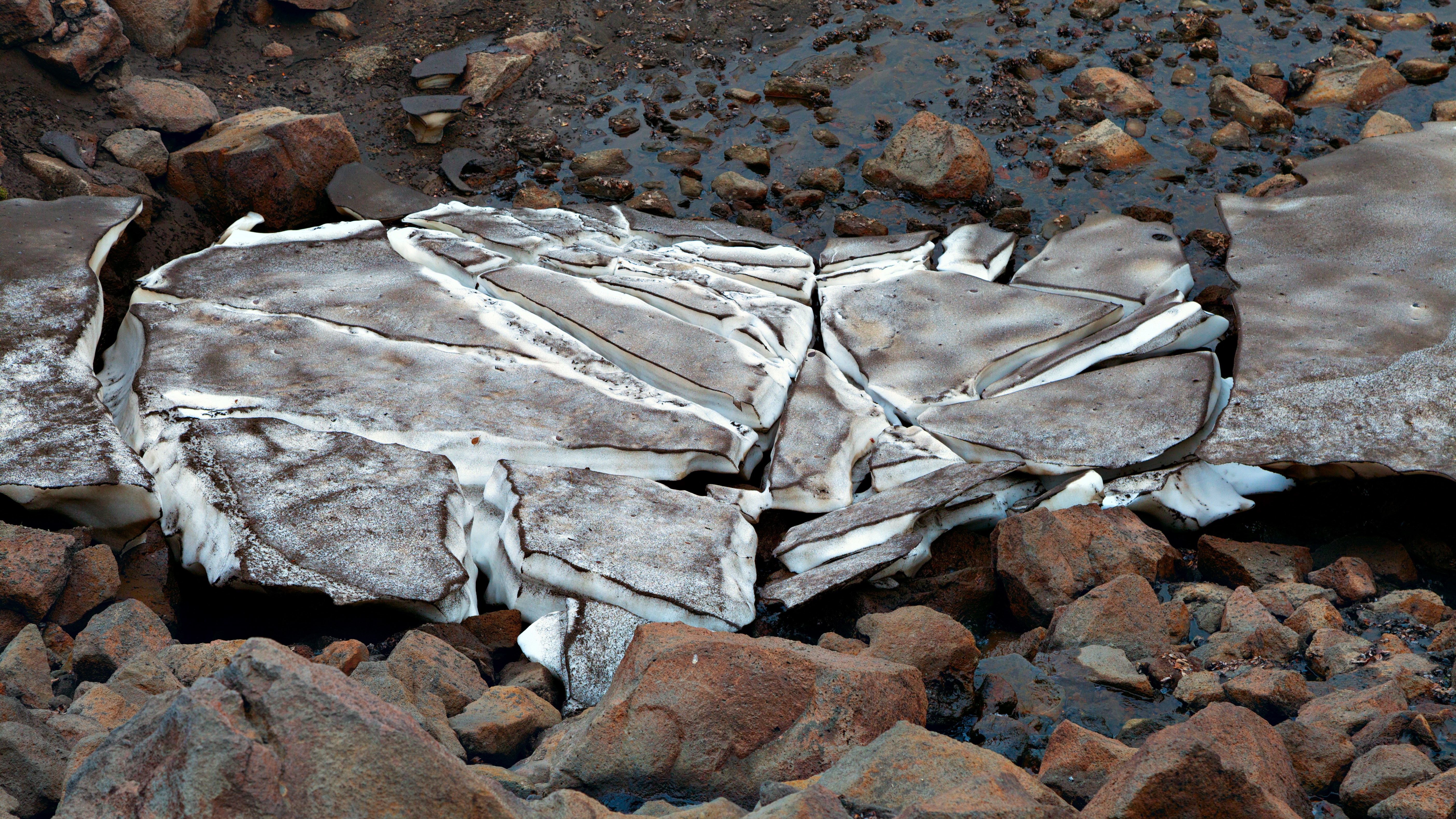 Broken ice chunks on rocky ground with water HD Wallpaper