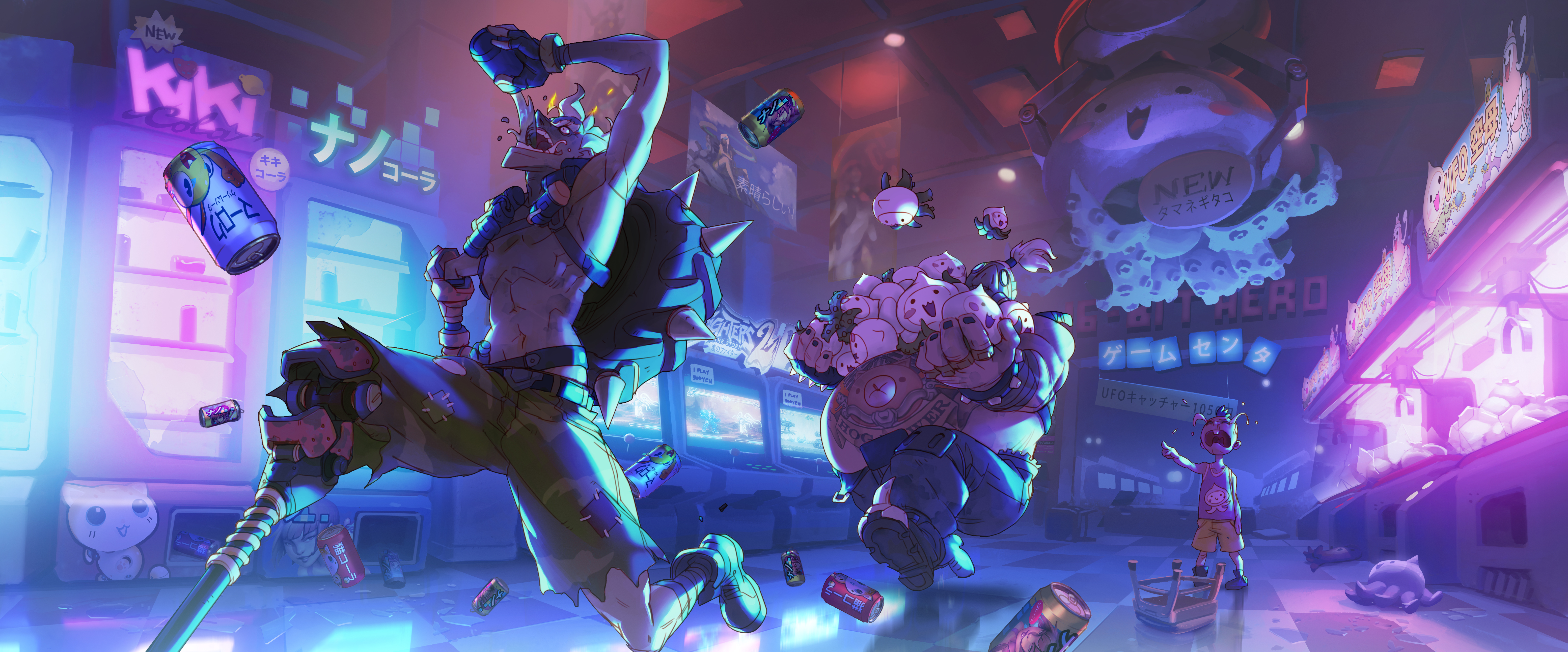 Junkrat from Overwatch in a neon arcade HD Wallpaper