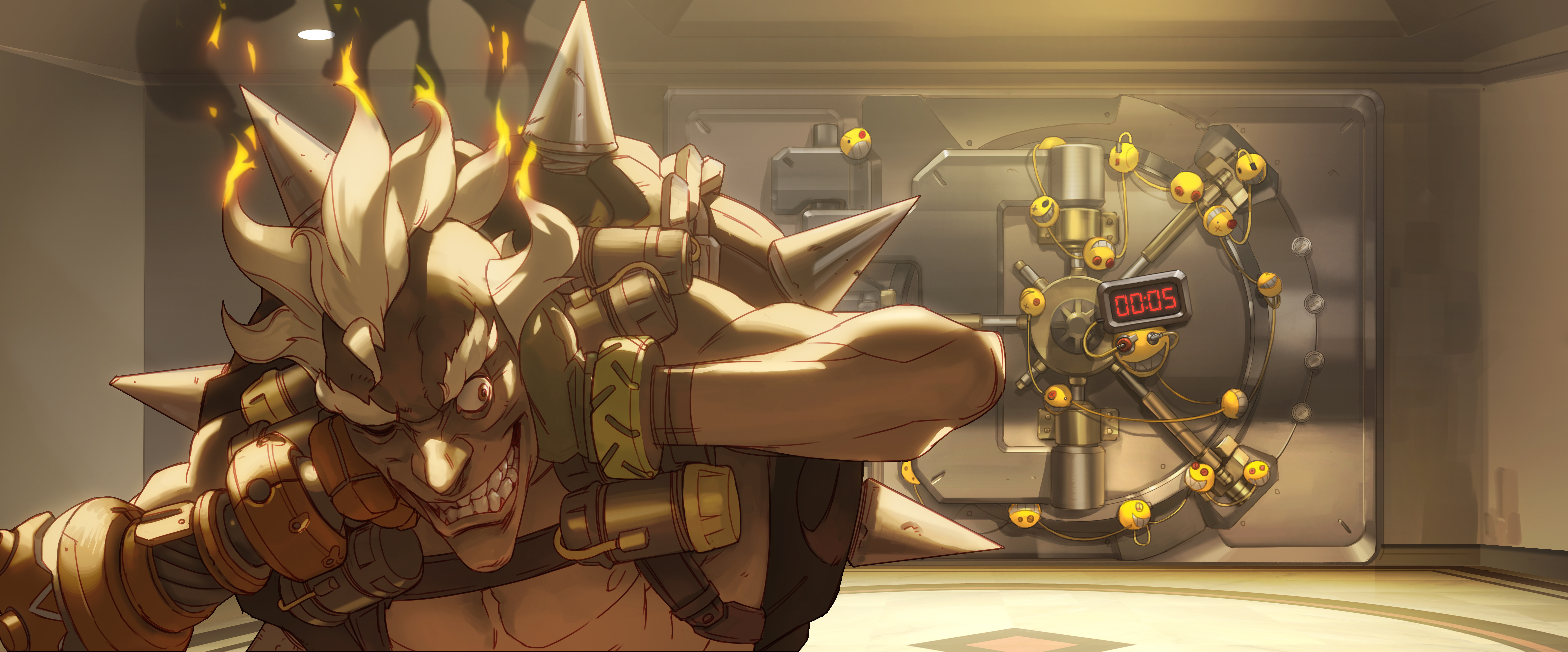 Junkrat from Overwatch in front of a vault HD Wallpaper