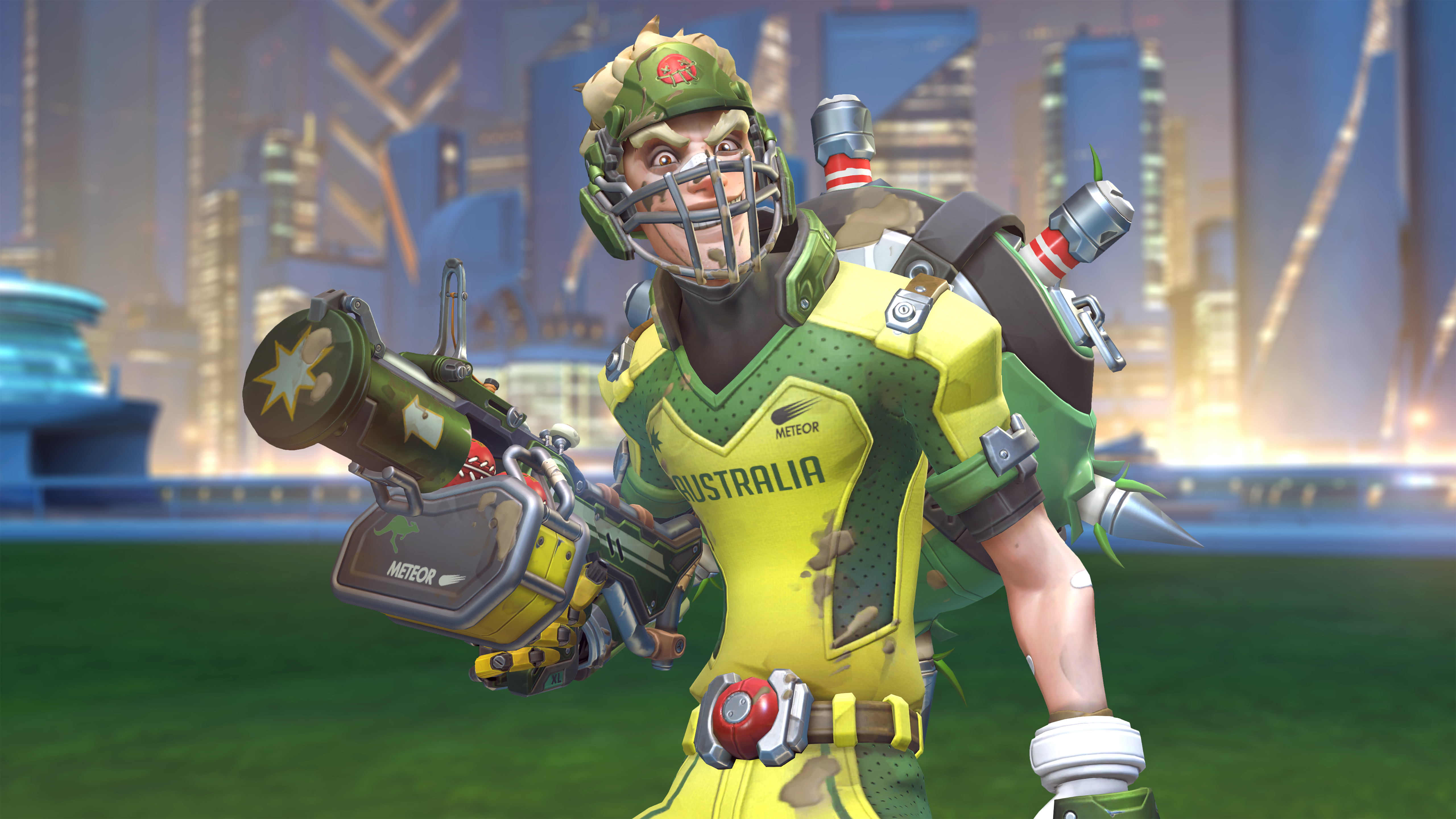 Junkrat from Overwatch wearing an Australian-themed skin HD Wallpaper