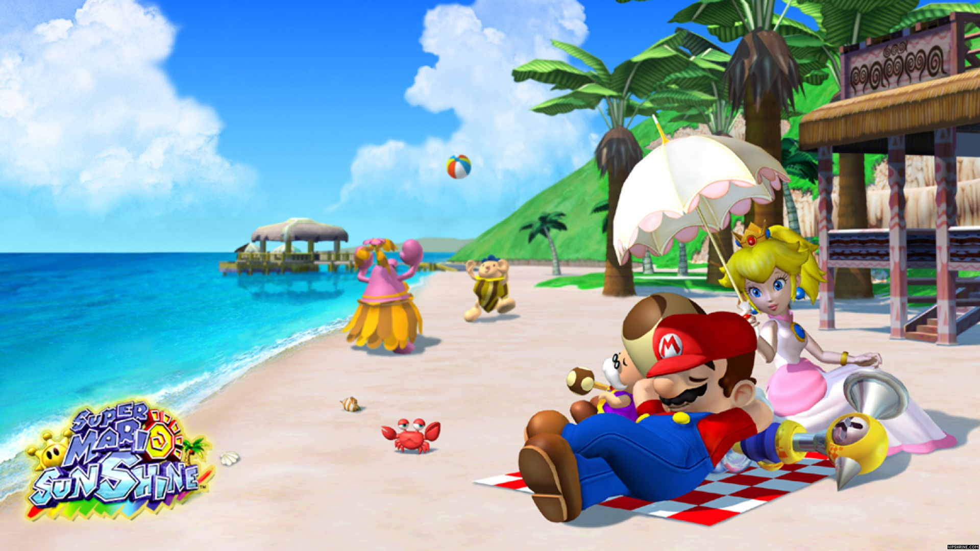 Mario and Princess Peach from Super Mario Sunshine on a beach HD Wallpaper