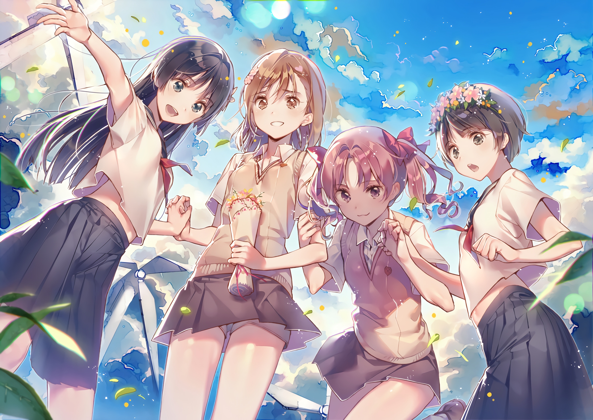 Four girls in school uniforms under a blue sky HD Wallpaper