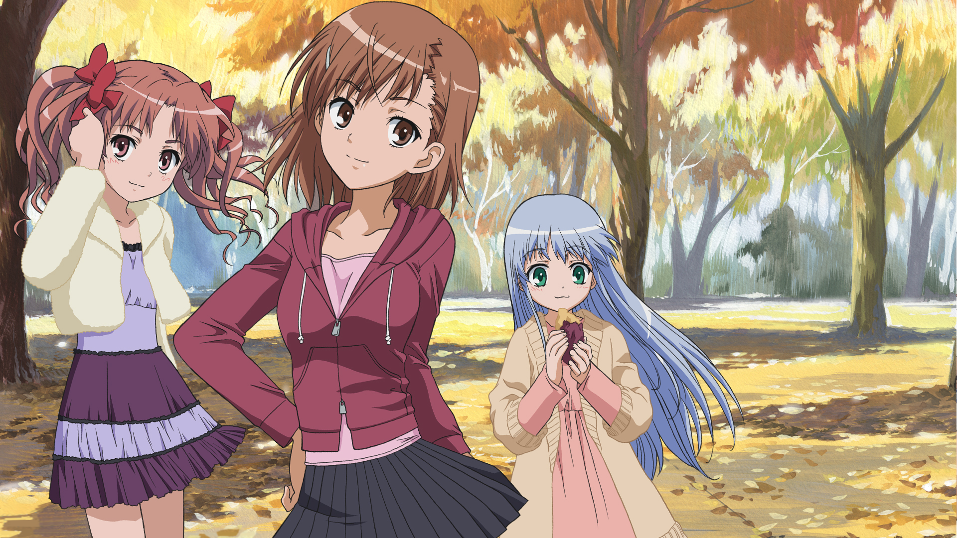 Three girls in a park during autumn HD Wallpaper