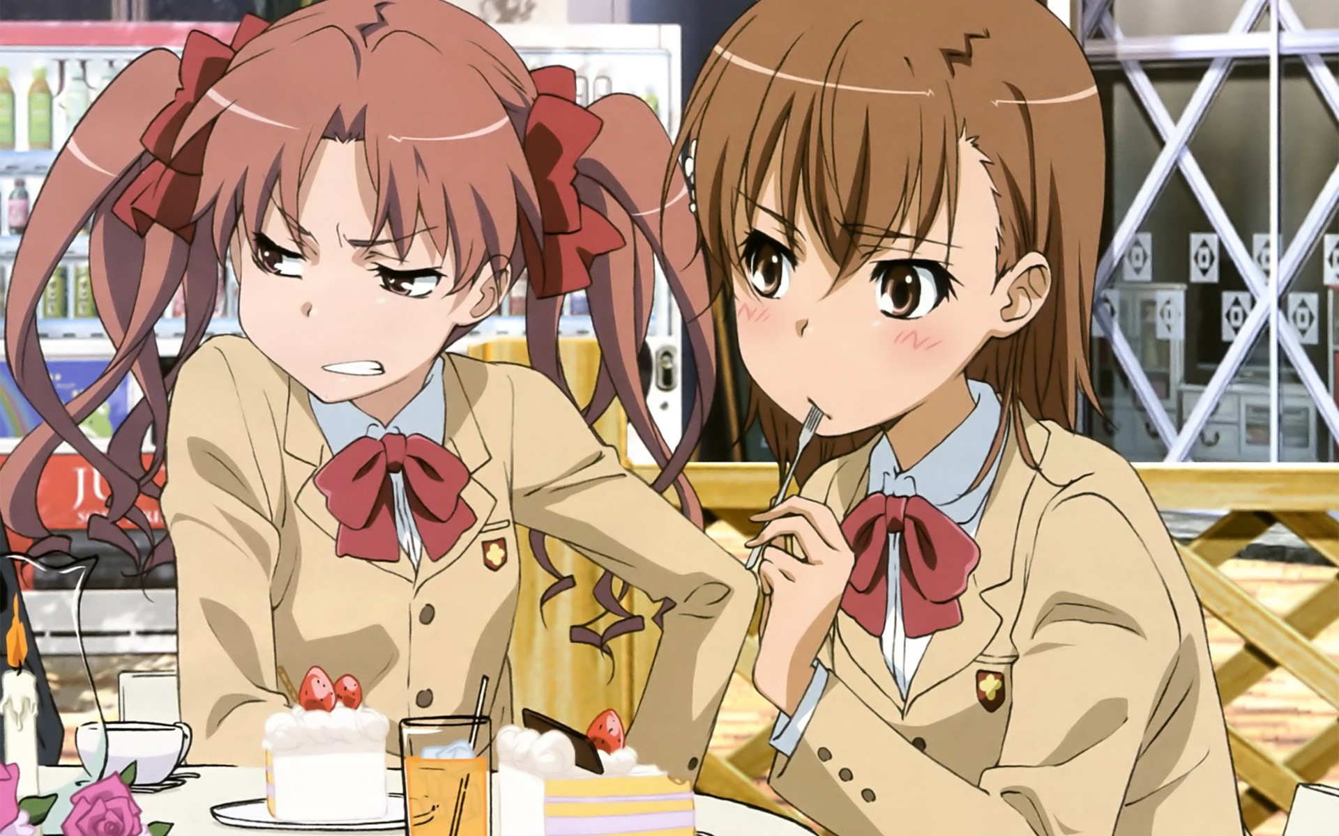 Kuroko Shirai and Misaka Mikoto eating cake HD Wallpaper