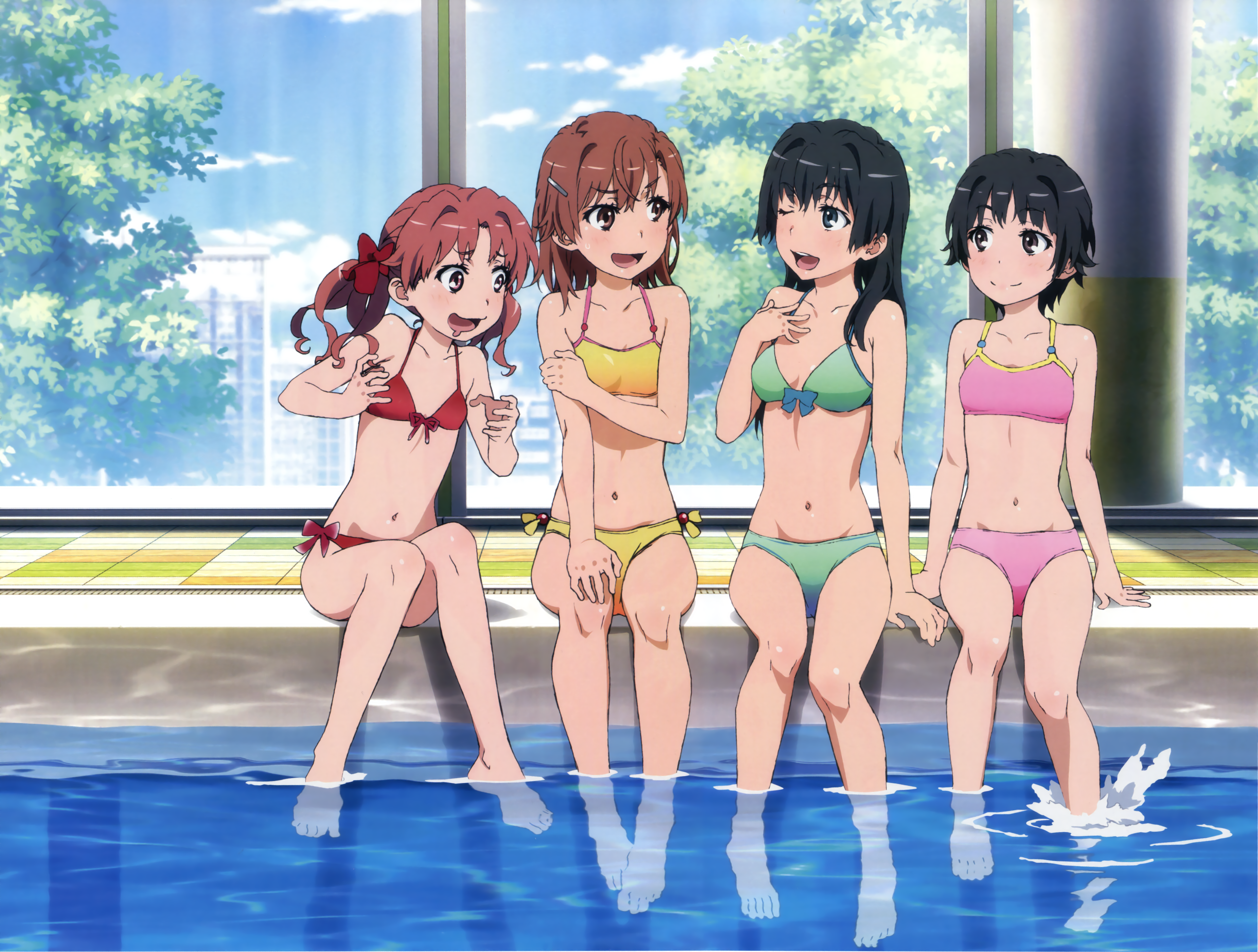 Four girls in swimsuits by a pool HD Wallpaper
