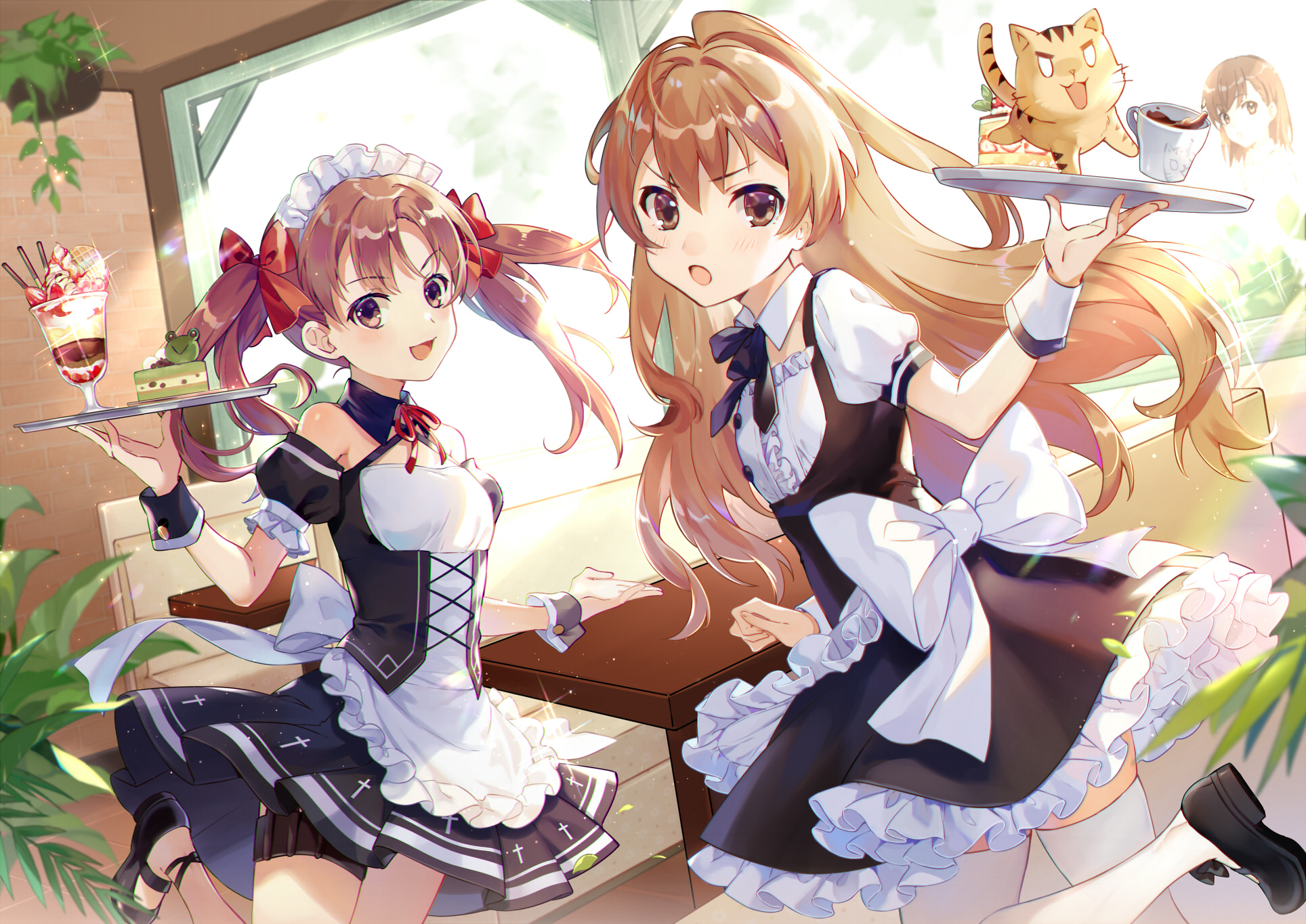 Two maids serving desserts in a cafe HD Wallpaper
