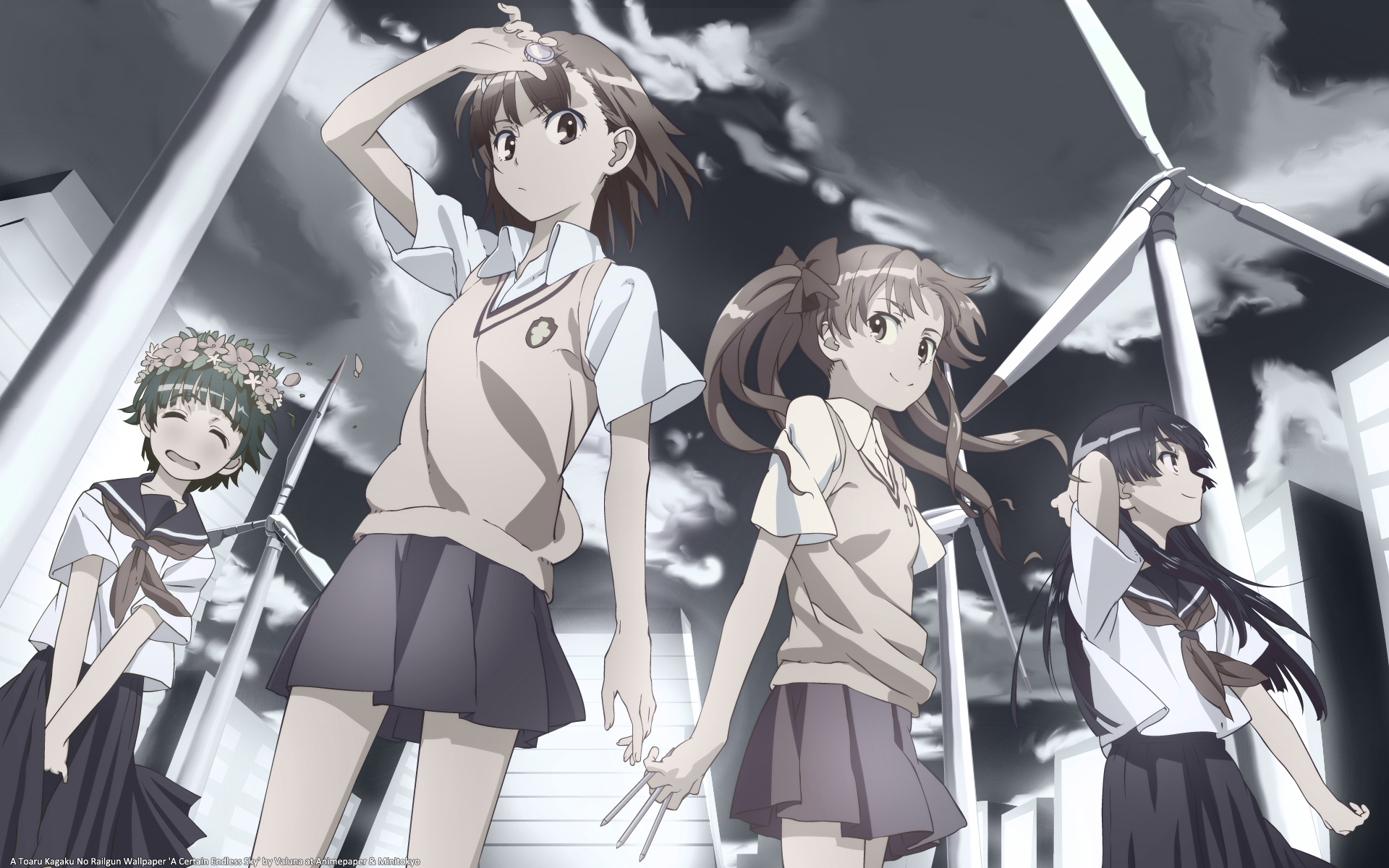A Certain Scientific Railgun characters with wind turbines HD Wallpaper