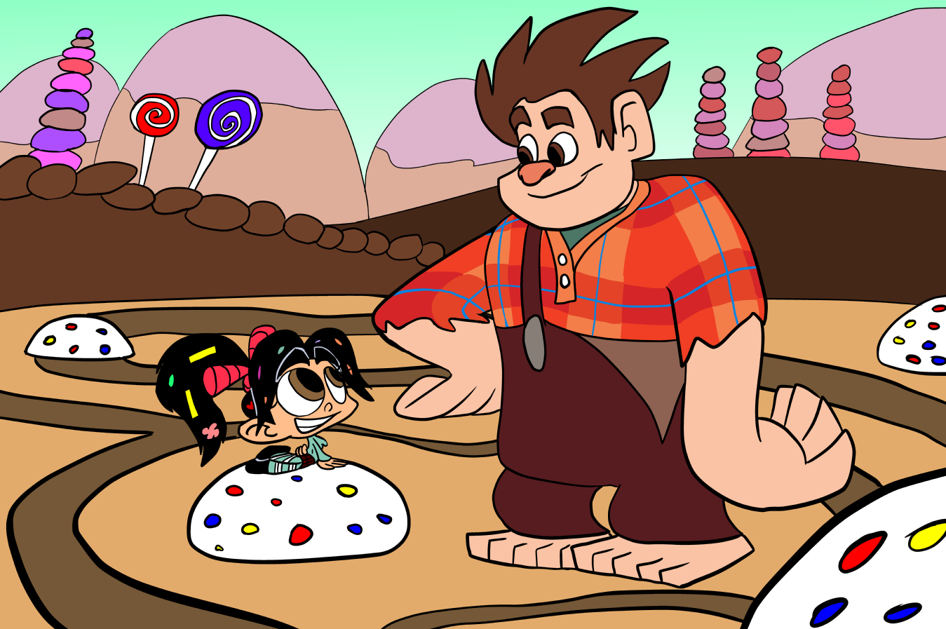 Ralph and Vanellope from Wreck-It Ralph in a candy land HD Wallpaper