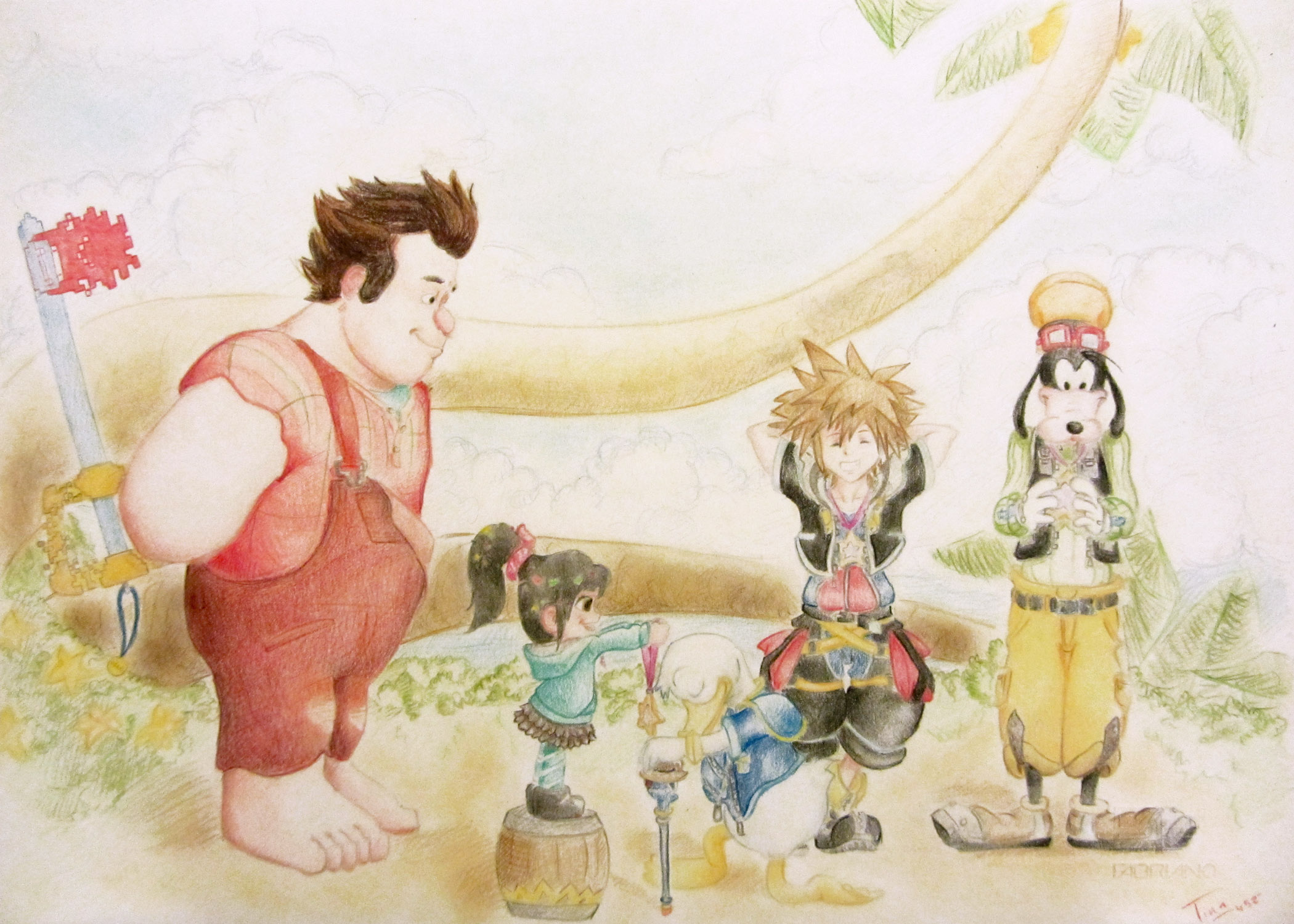 Ralph, Vanellope, Sora, Donald, and Goofy on a beach HD Wallpaper