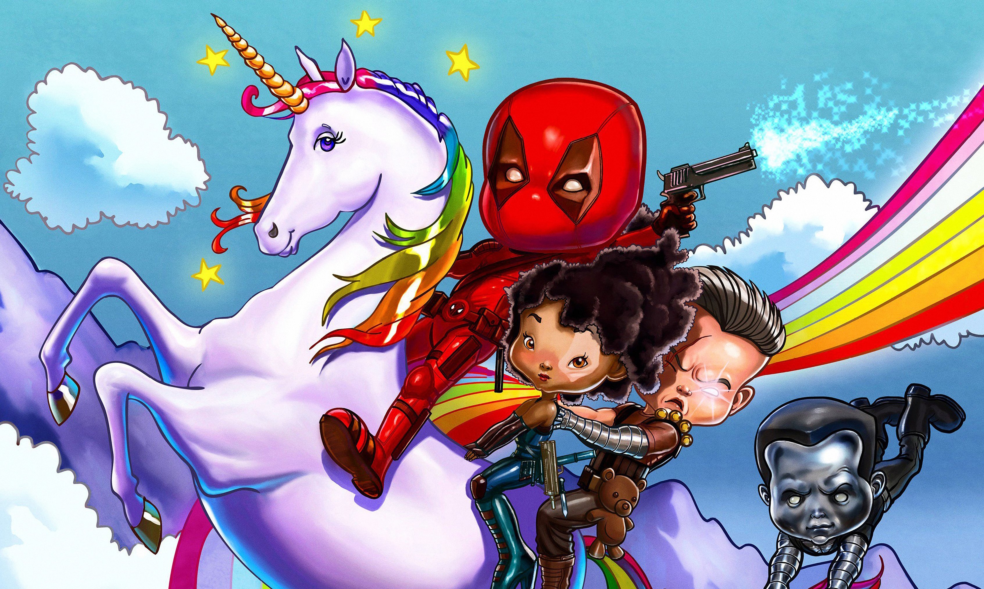 Deadpool, Domino, Cable, and Colossus from Marvel riding a unicorn HD Wallpaper