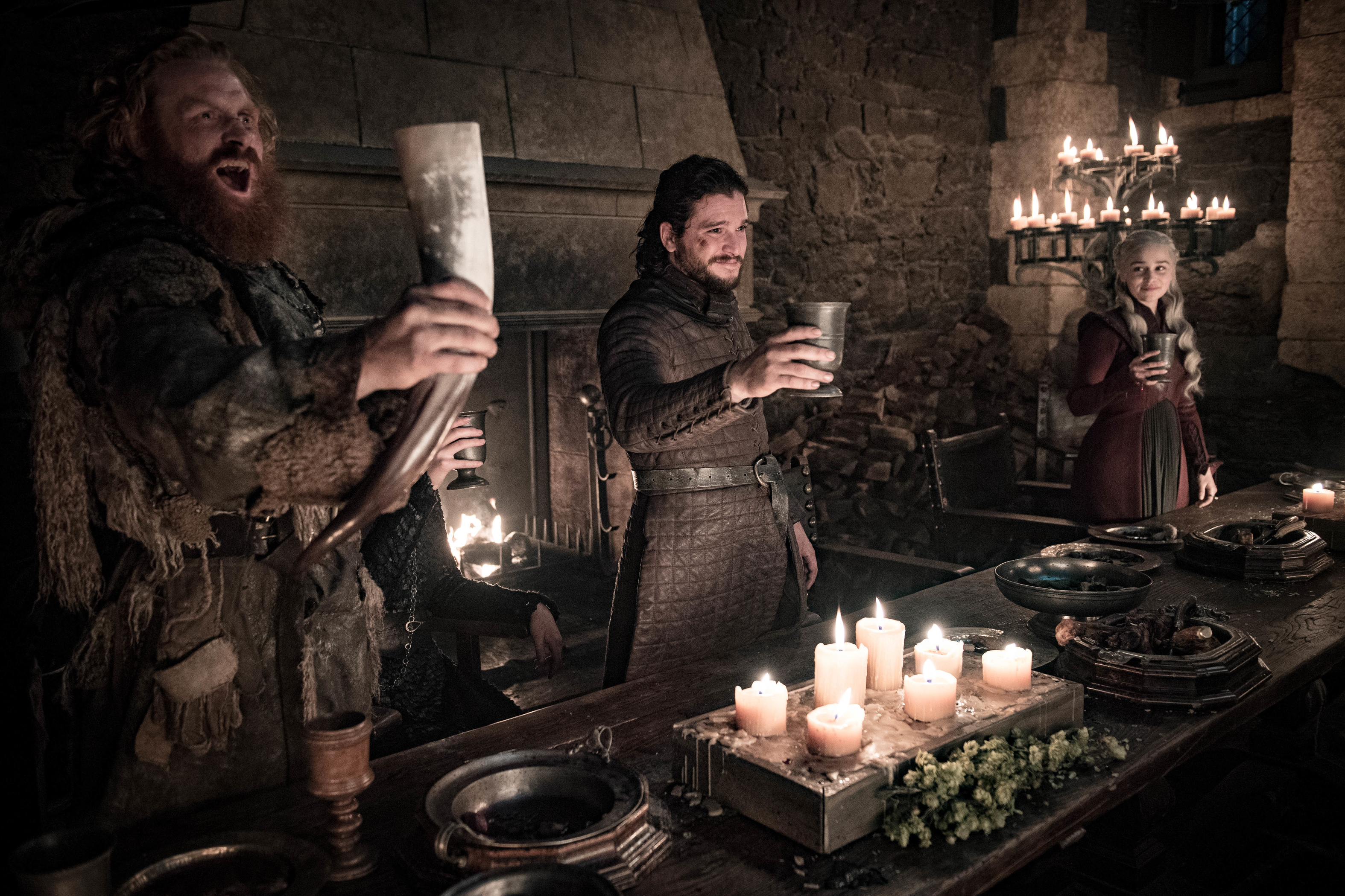 Tormund Giantsbane and Jon Snow at a feast HD Wallpaper