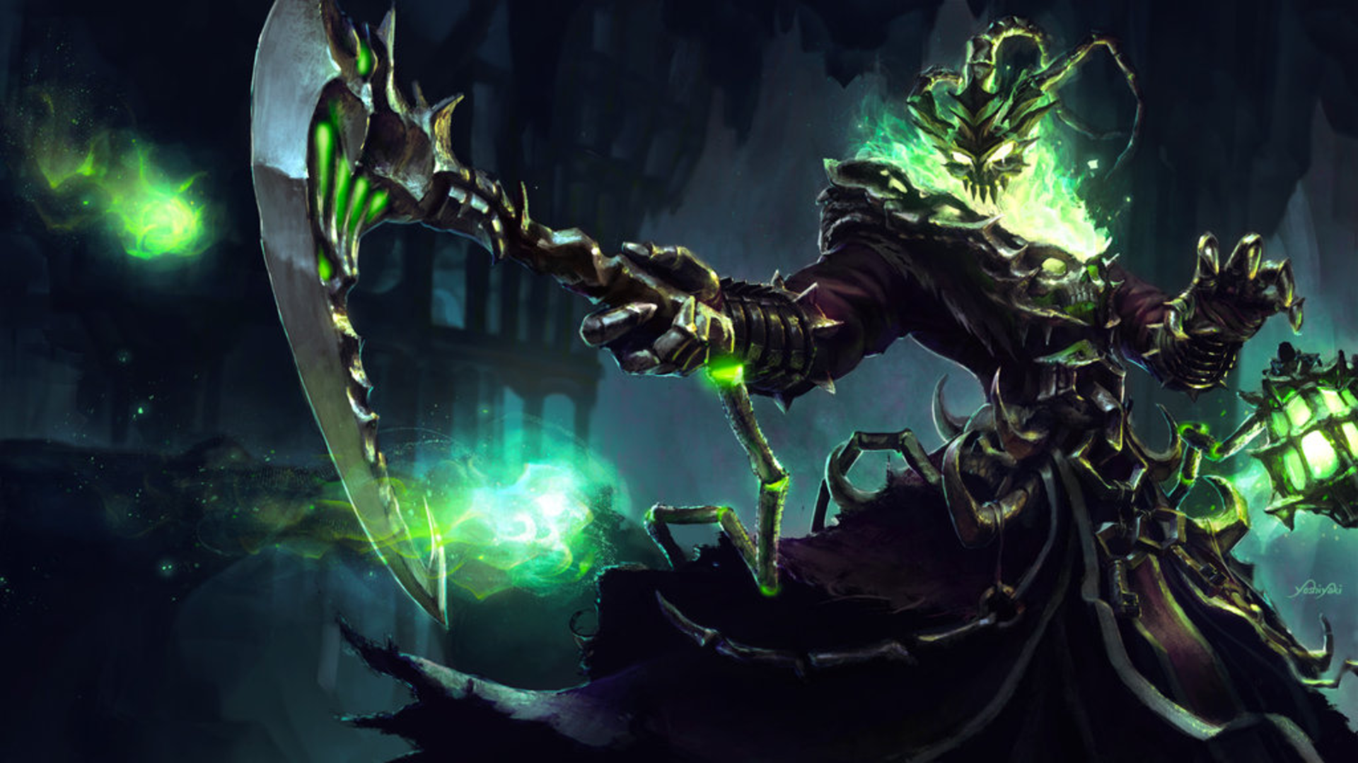 Thresh from League of Legends with a scythe and lantern HD Wallpaper