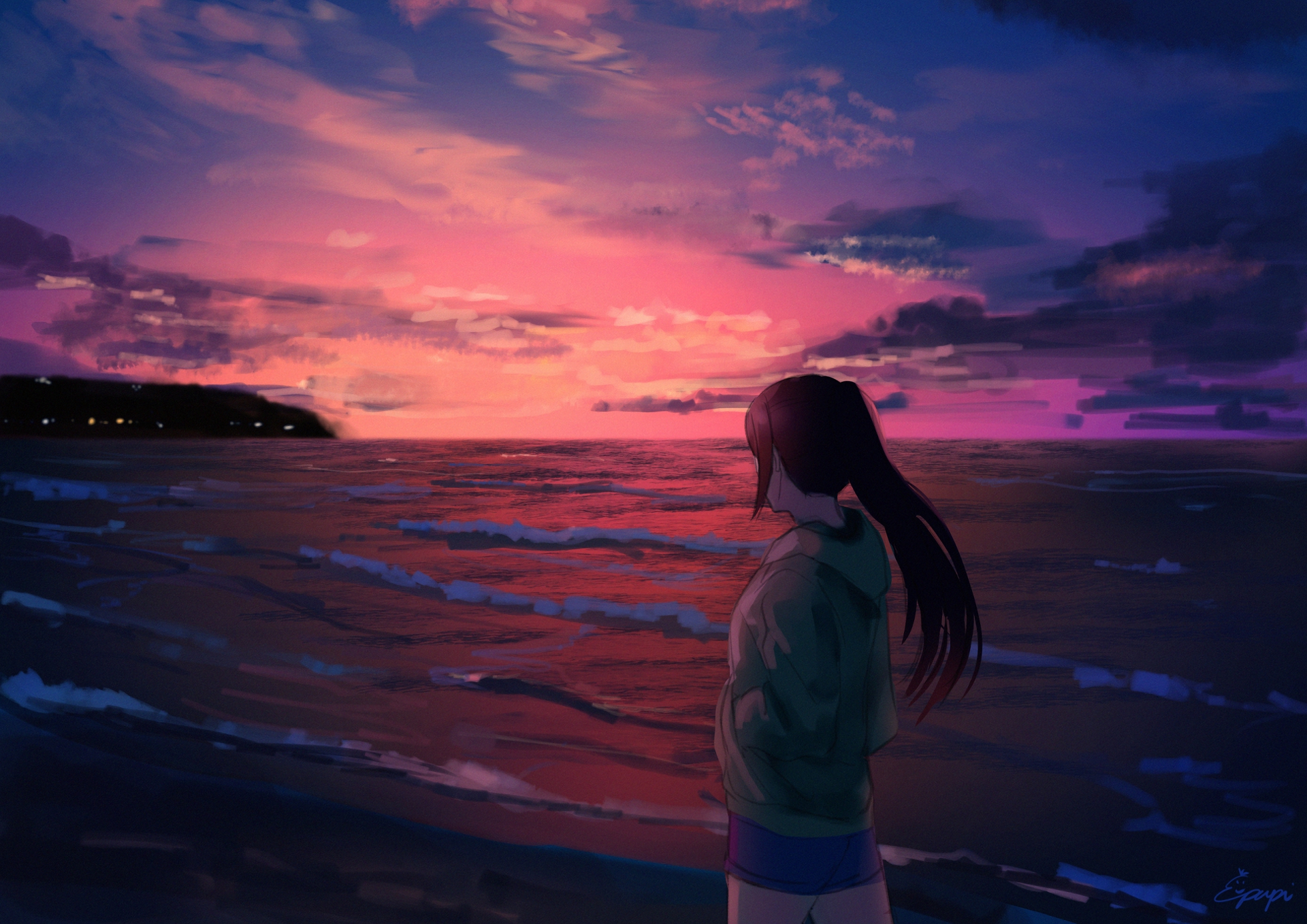 Girl watching sunset over the ocean HD Wallpaper