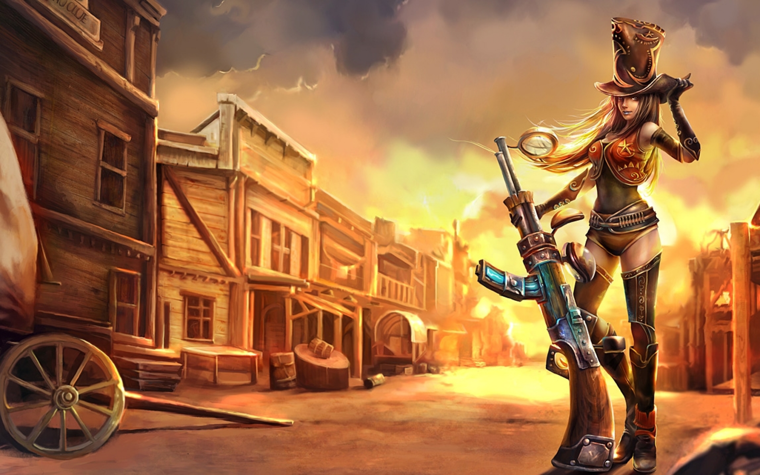 Caitlyn from League of Legends in a Western town HD Wallpaper