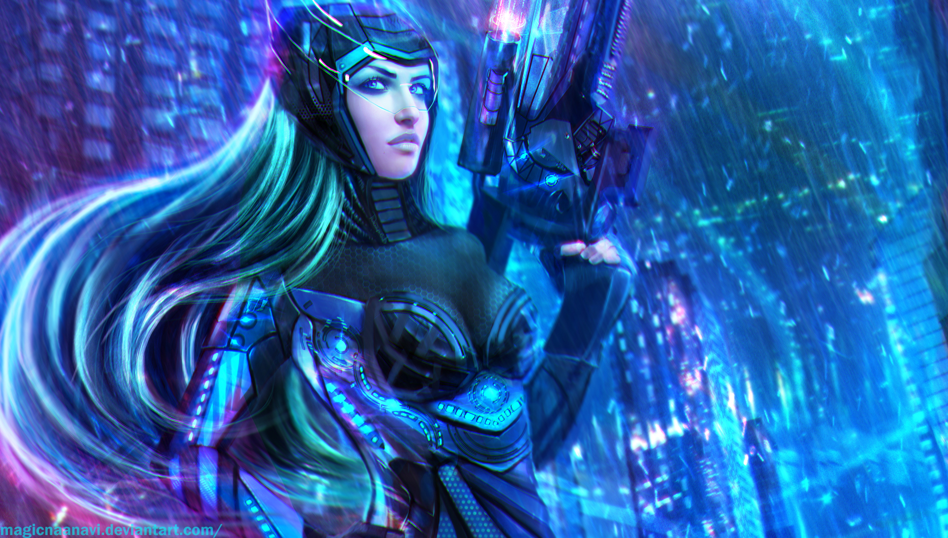 Caitlyn from League of Legends in a futuristic city HD Wallpaper