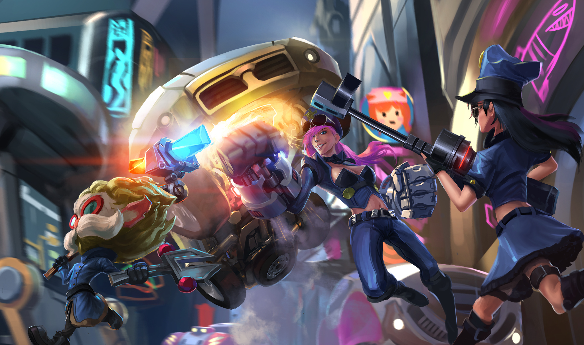 Caitlyn and Vi from League of Legends in a futuristic city HD Wallpaper