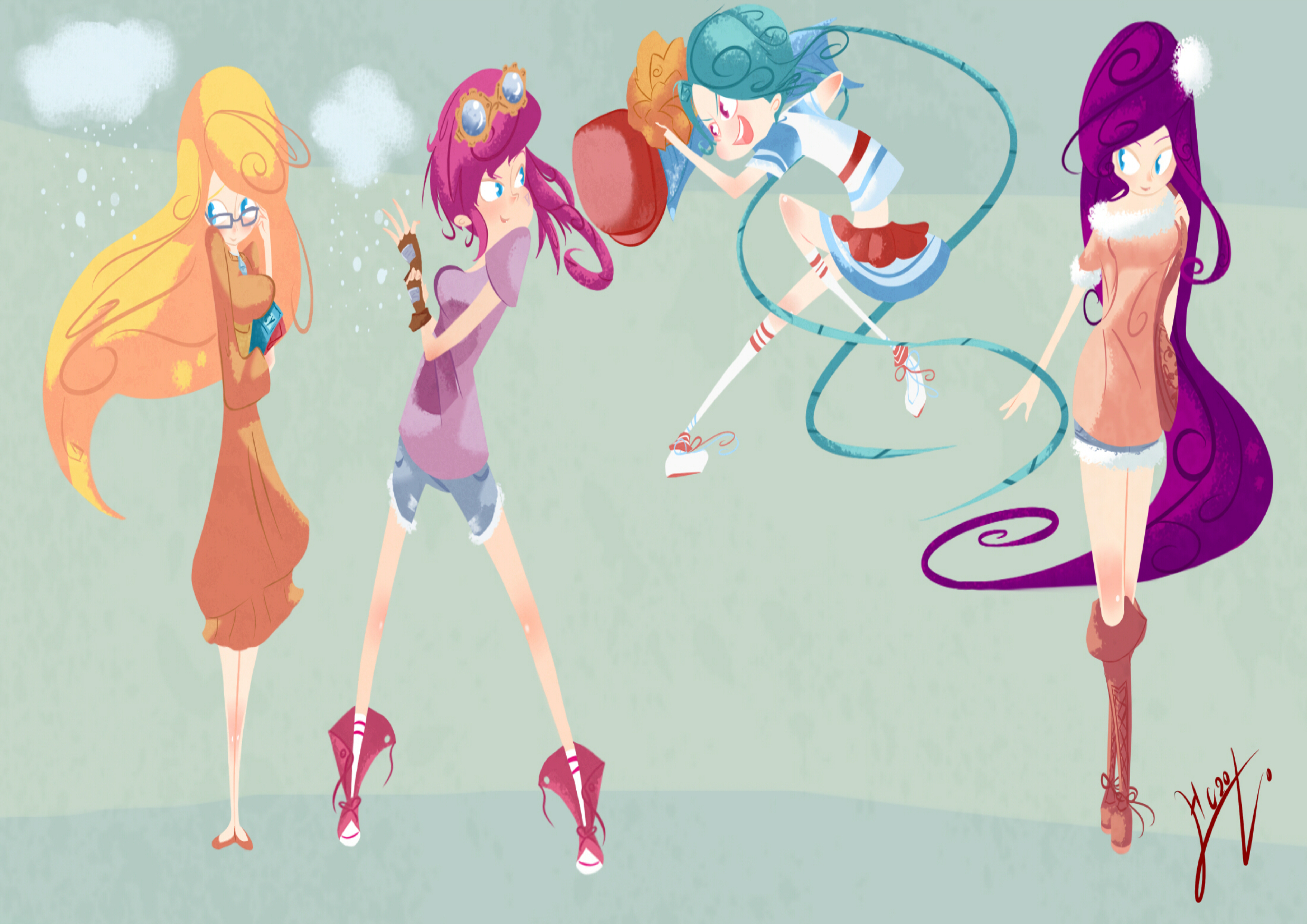 Four anime girls with different hair colors and outfits HD Wallpaper