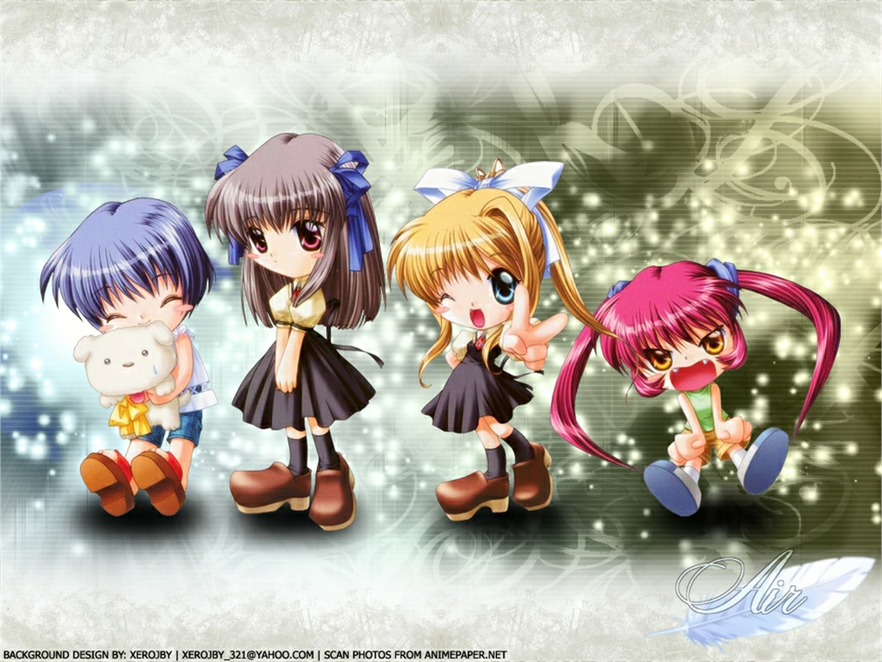 Four anime girls with a teddy bear HD Wallpaper