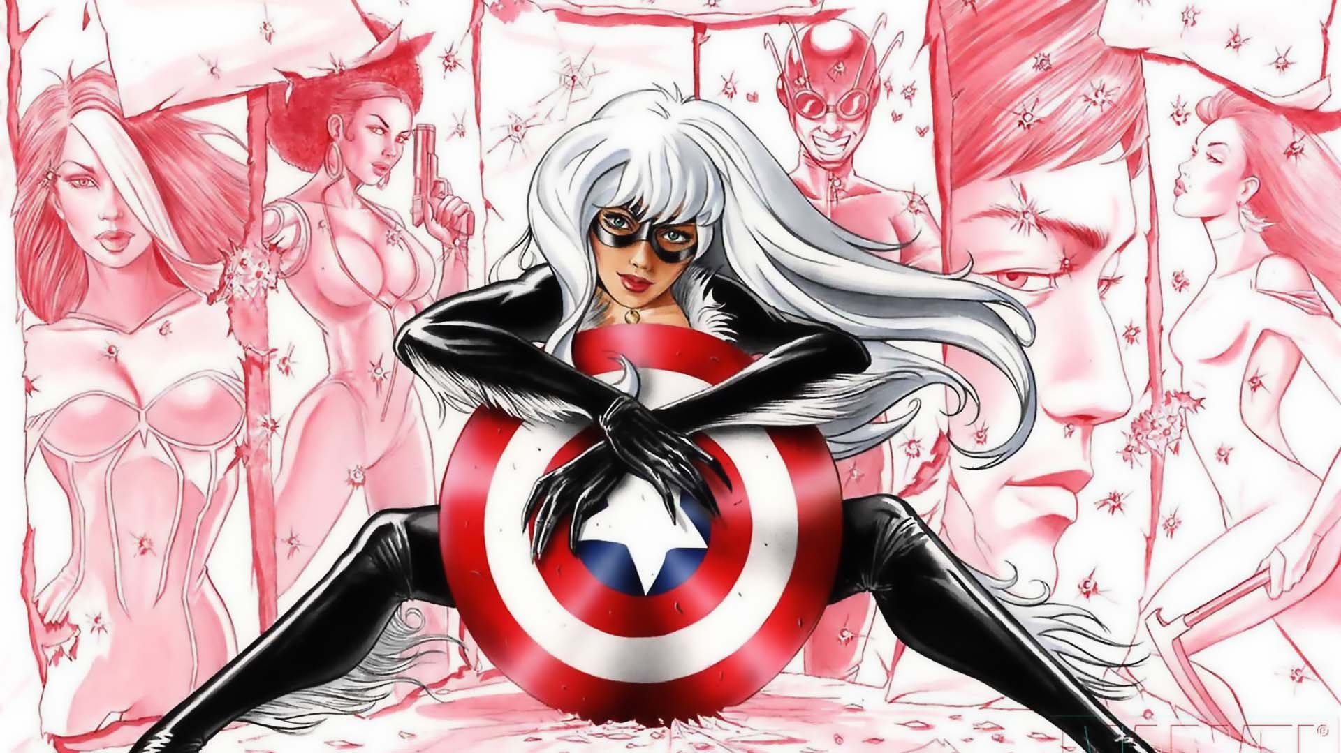 Black Cat with Captain America's Shield and Marvel Characters HD Wallpaper