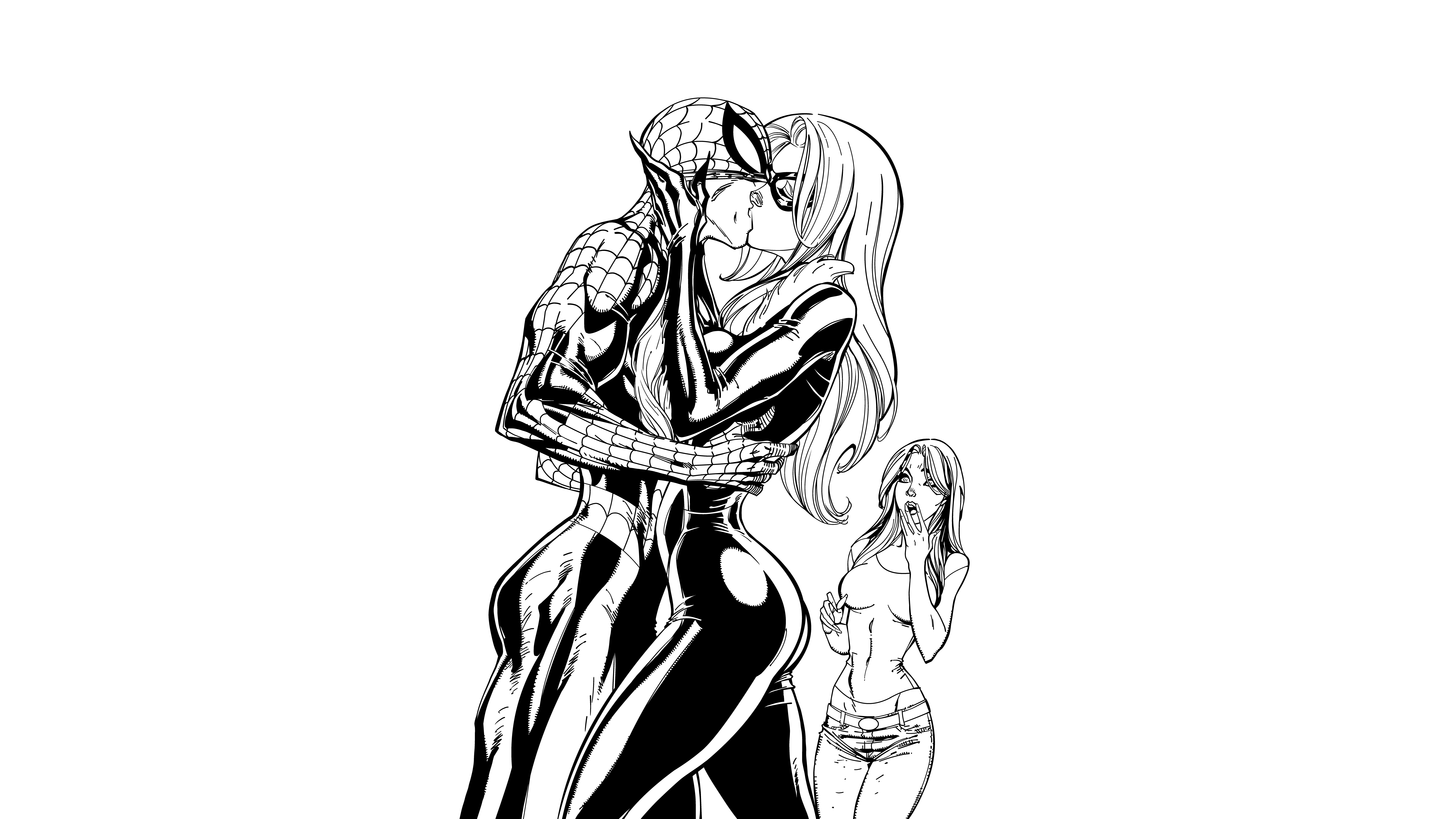 Spider-Man and Black Cat kissing, another woman watches HD Wallpaper