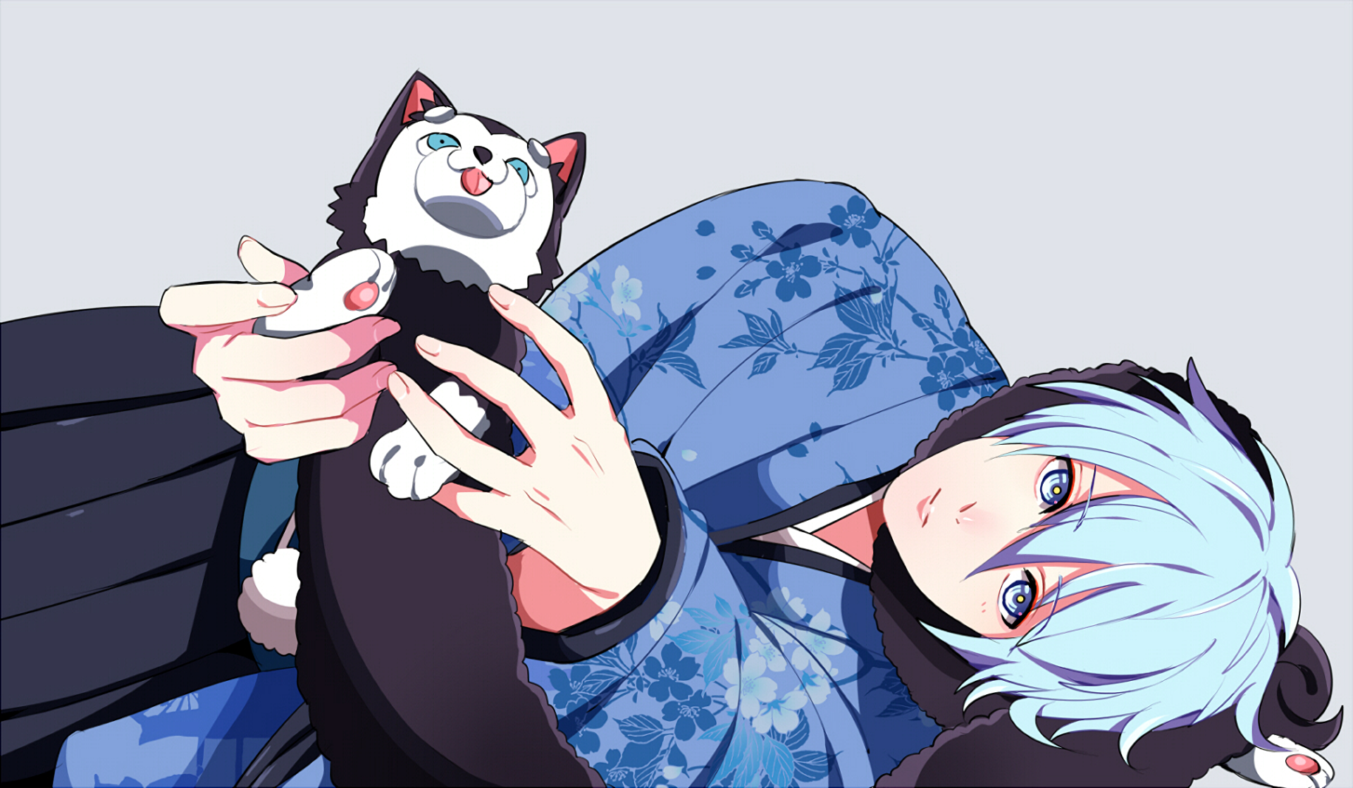 Anime boy with blue hair holding a husky plush HD Wallpaper
