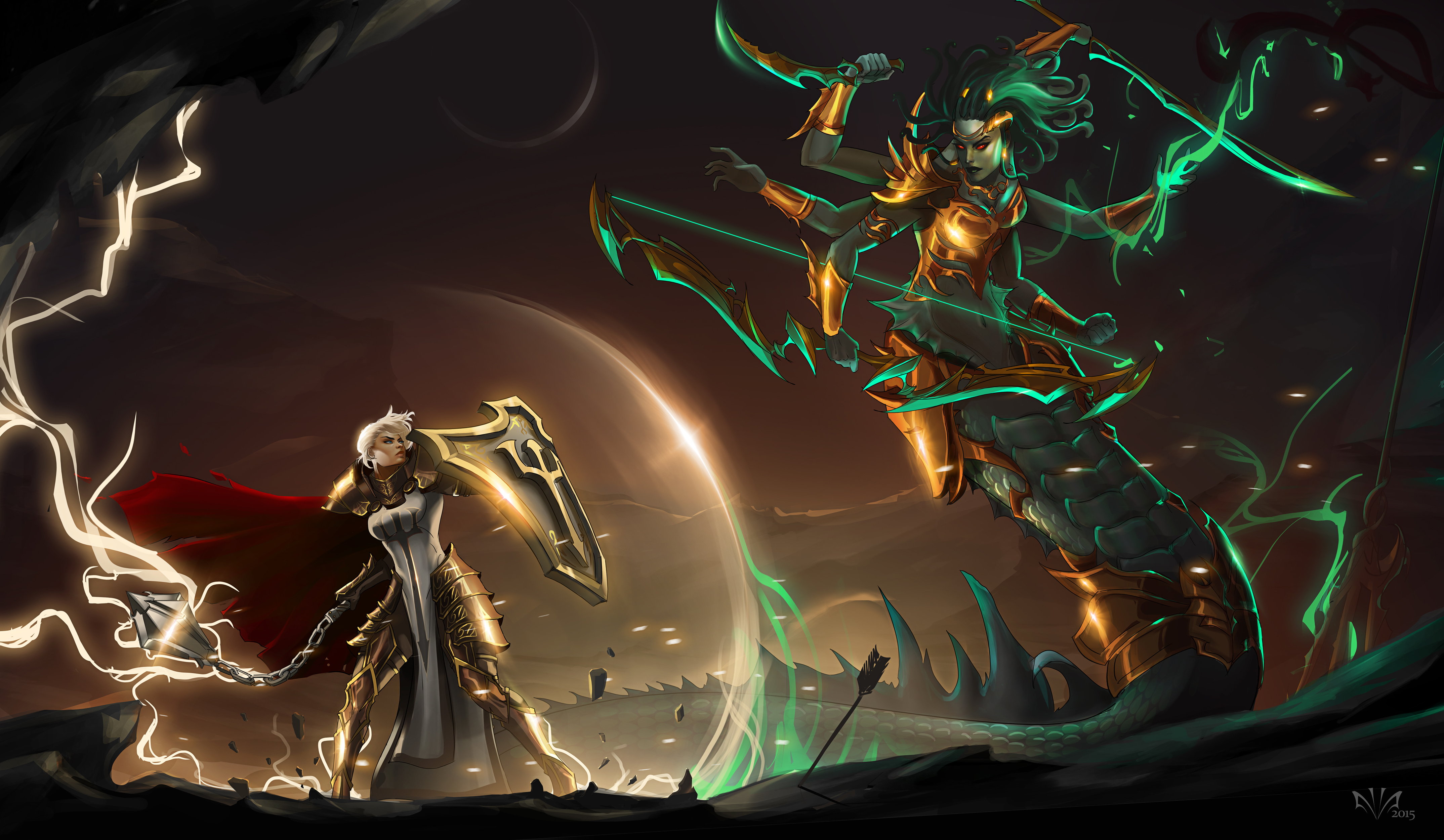 Female Crusader fighting a multi-armed snake-like creature HD Wallpaper