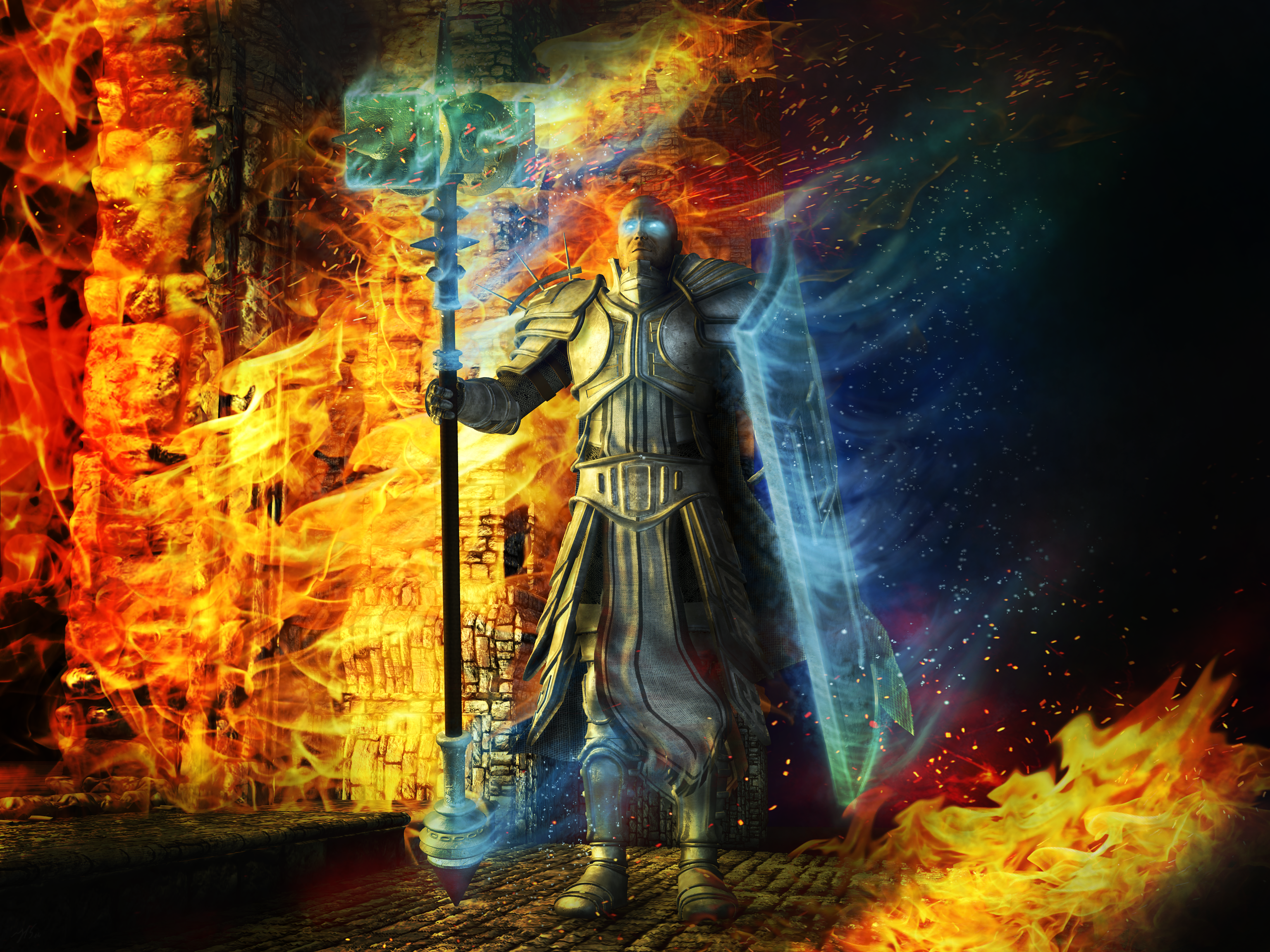 Crusader from Diablo III with fire and ice effects HD Wallpaper
