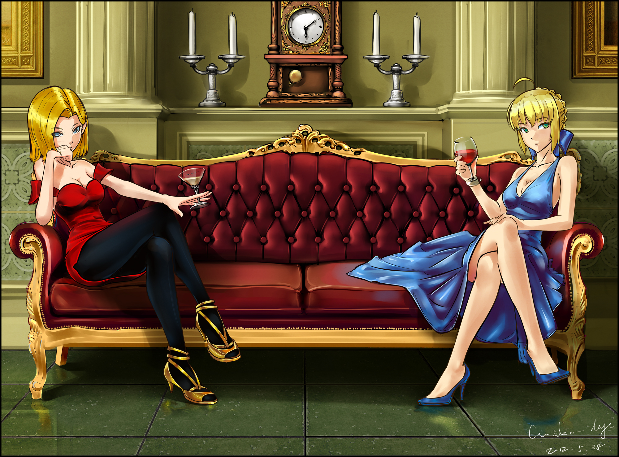 Android 18 and Saber from Fate/stay night on a couch HD Wallpaper