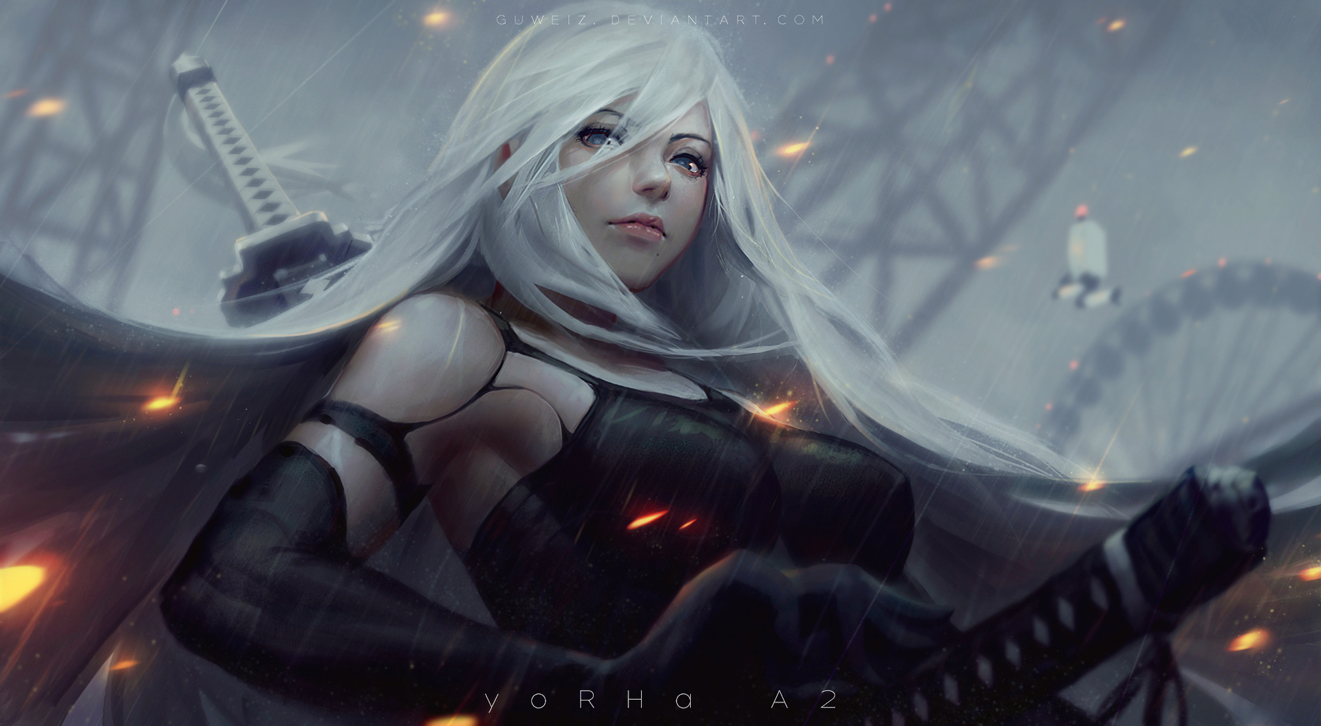 YoRHa Type A No.2 with swords in rain HD Wallpaper