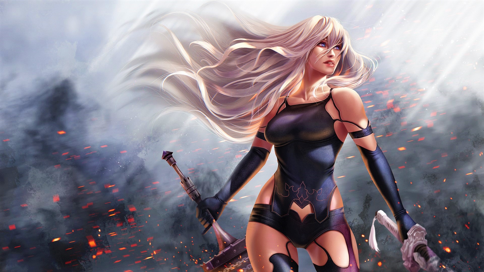 YoRHa Type A No.2 with swords HD Wallpaper