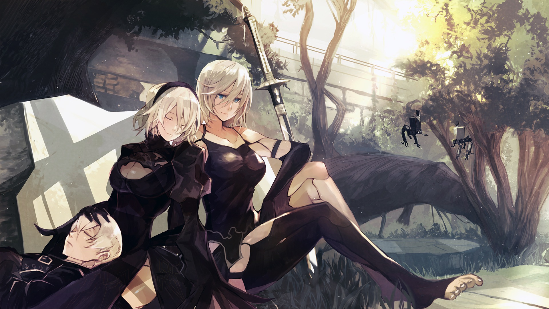 YoRHa No.2 Type A and companions in a forest HD Wallpaper