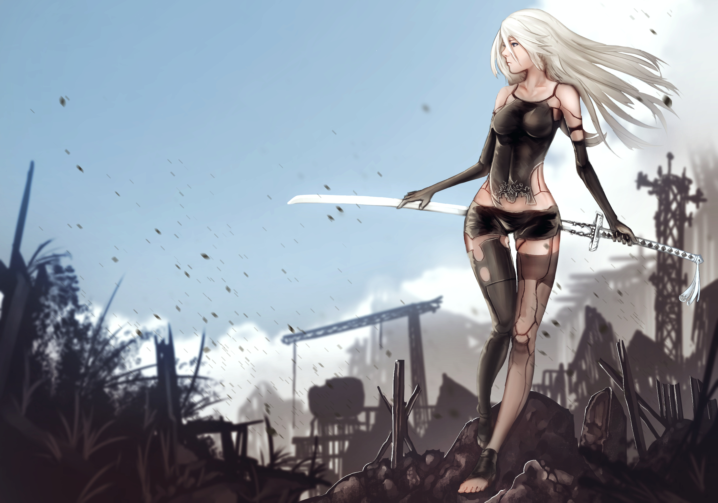 2B from NieR: Automata holding a sword in a ruined city HD Wallpaper