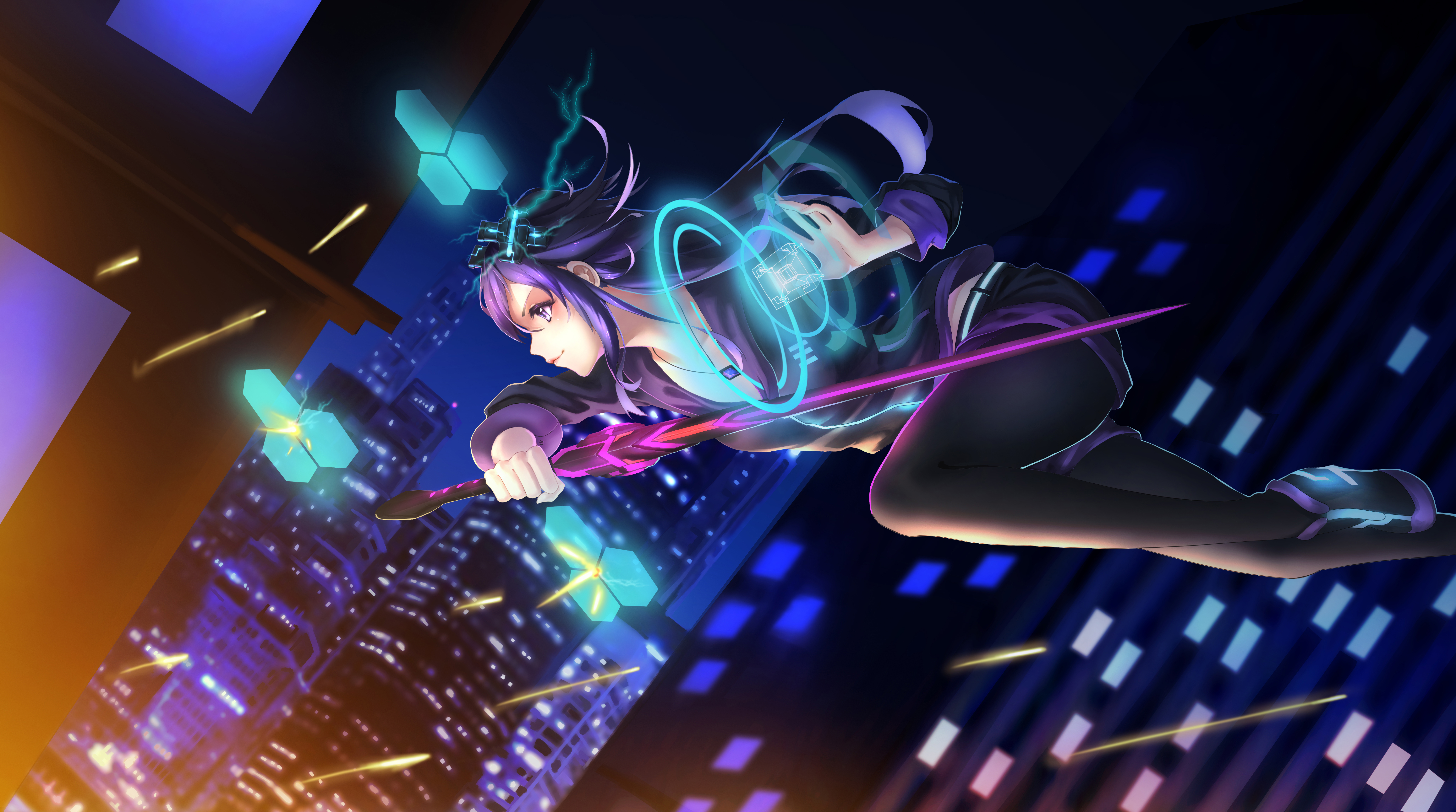 Neptune from Hyperdimension Neptunia flying over a city HD Wallpaper