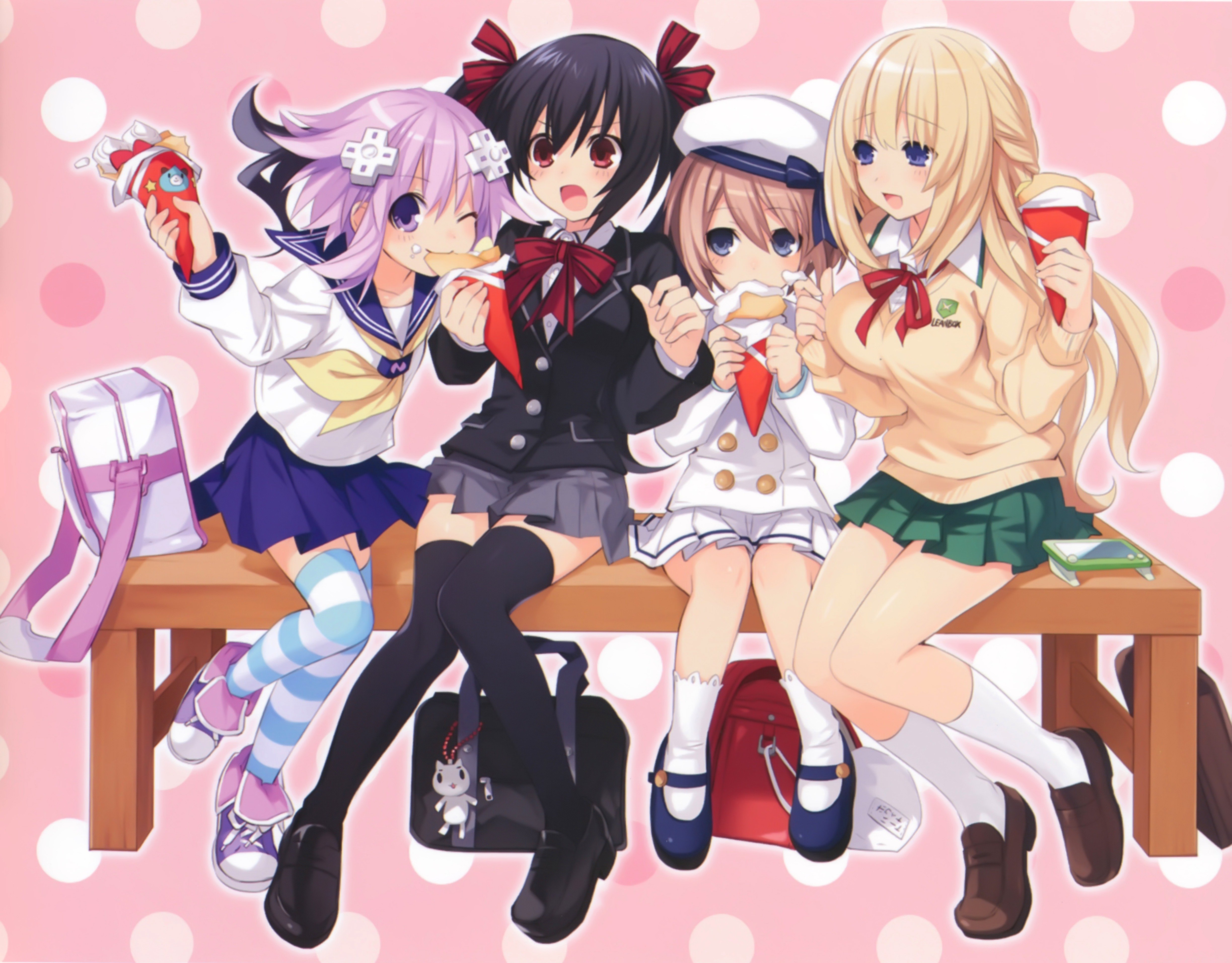 Four girls from Hyperdimension Neptunia eating snacks HD Wallpaper