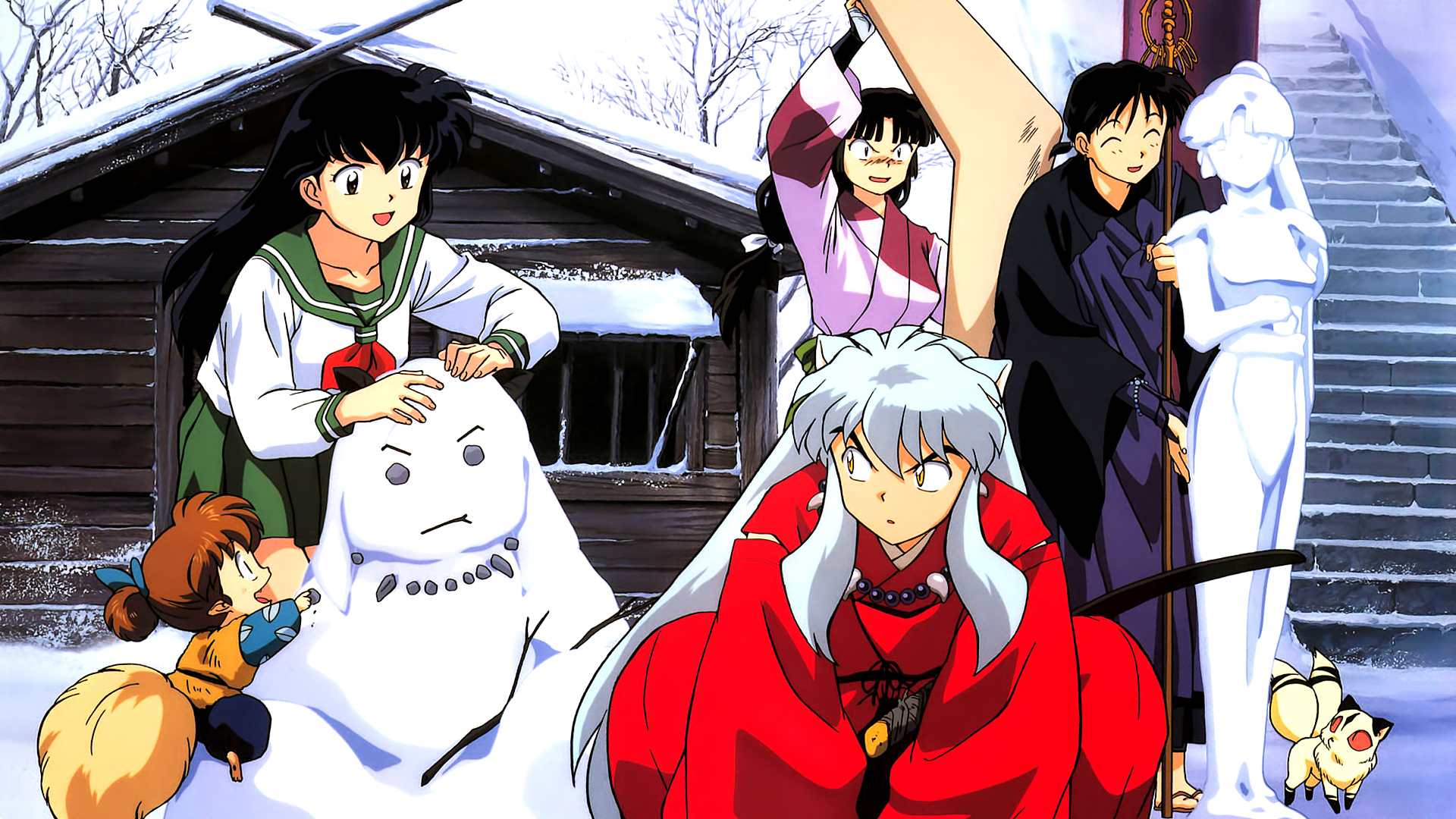 Kagome, Inuyasha, and friends build a snowman in the snow HD Wallpaper