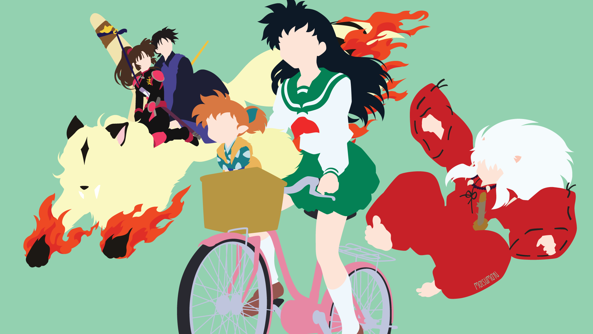 Inuyasha characters on a bicycle and dog HD Wallpaper