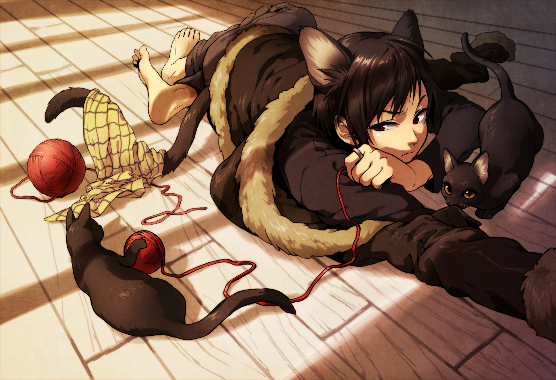 Izaya Orihara with cats and yarn HD Wallpaper