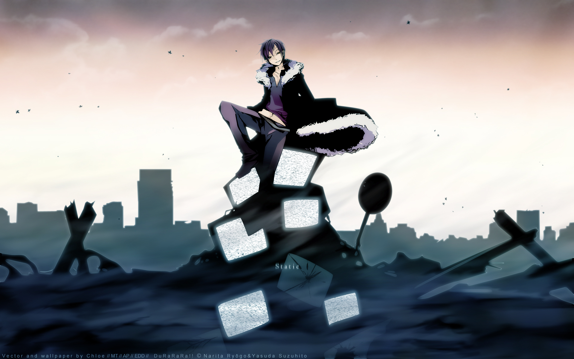 Izaya Orihara sitting on televisions in a ruined city HD Wallpaper