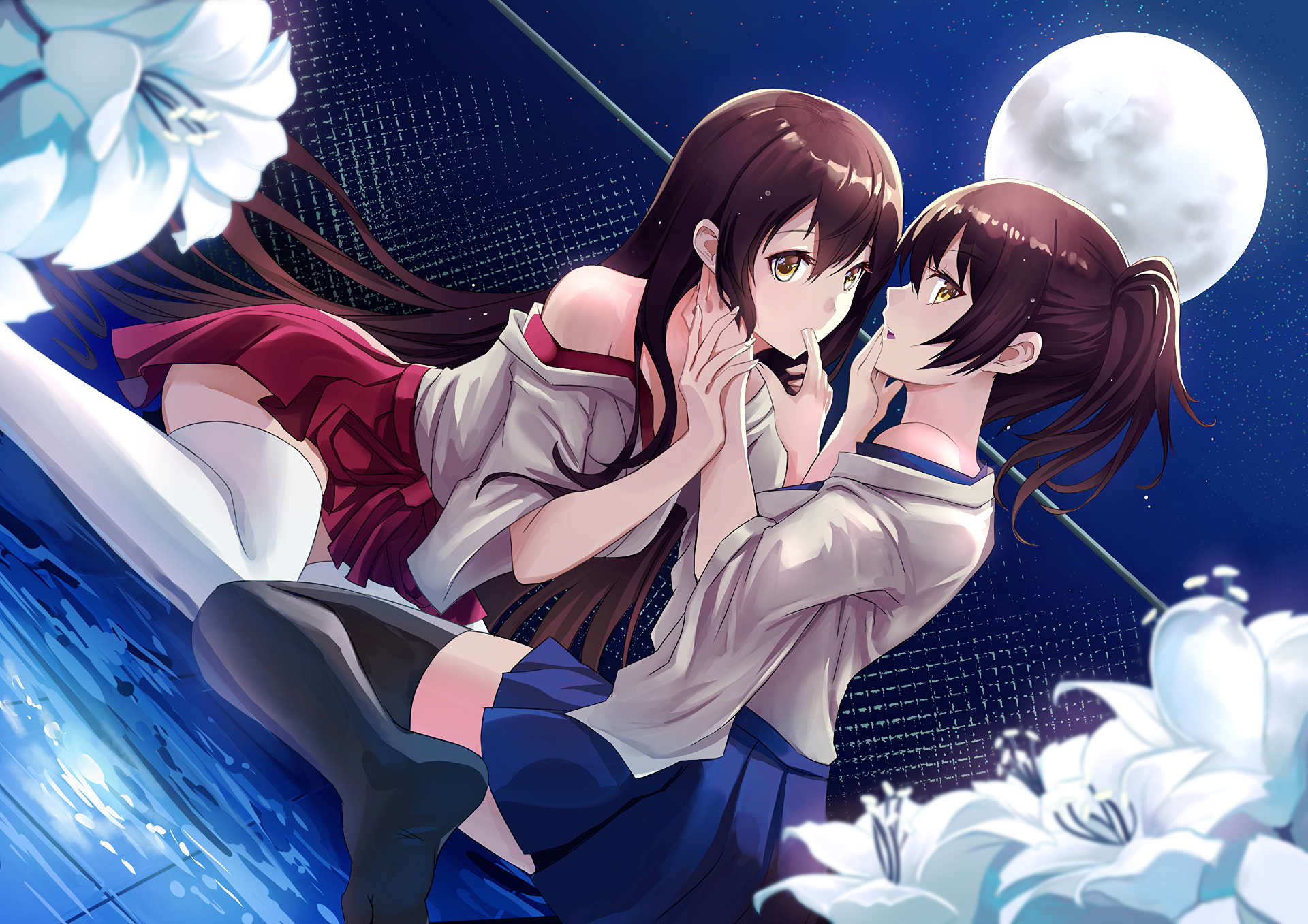 Two girls in school uniforms under the moon HD Wallpaper