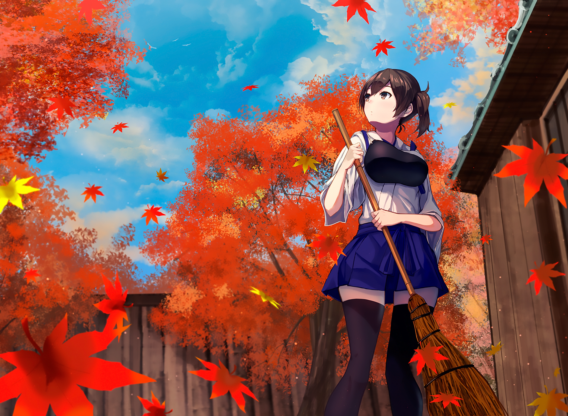 Kaga from Kancolle sweeping in autumn HD Wallpaper