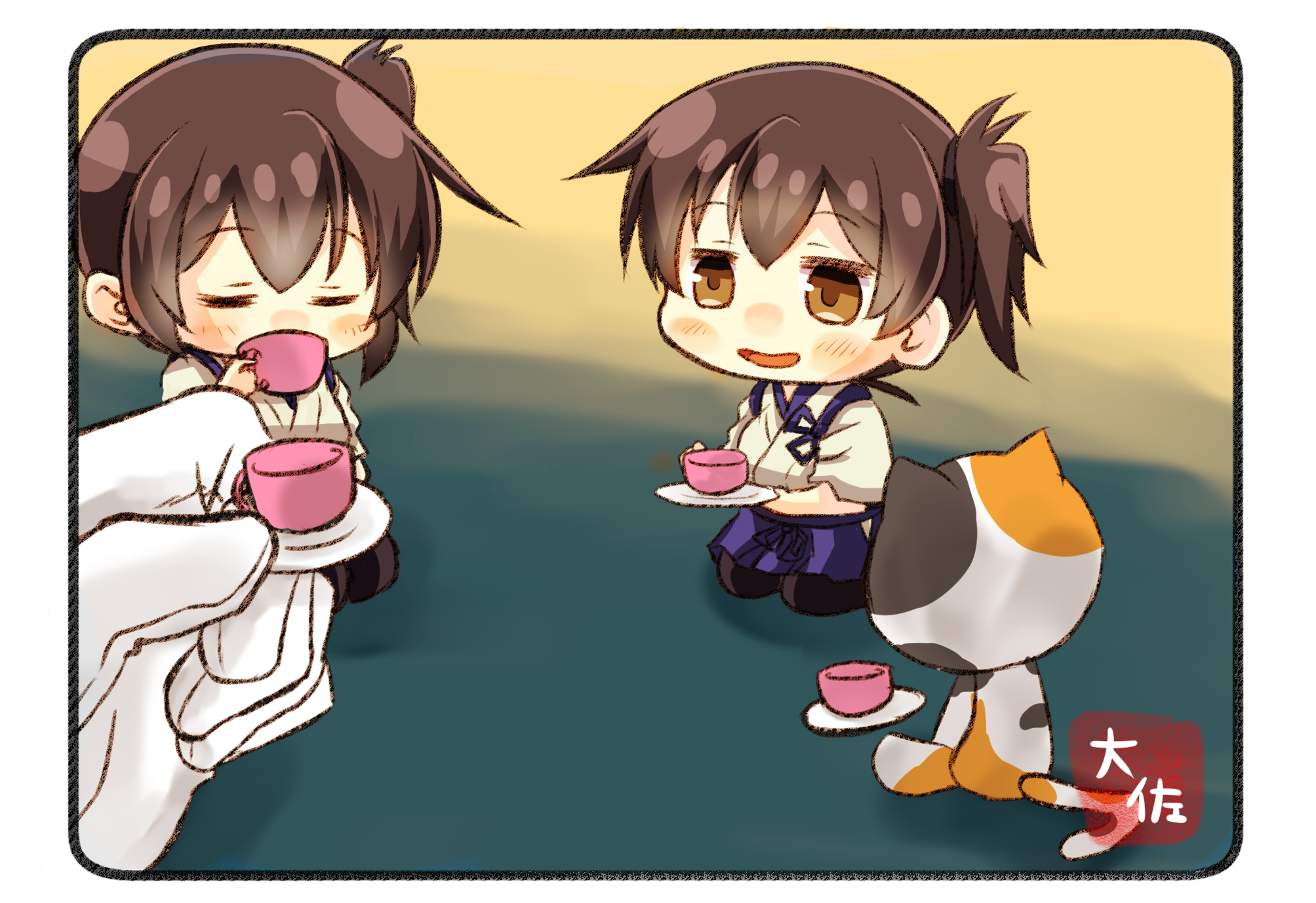 Kaga from Kancolle drinking tea with a cat HD Wallpaper