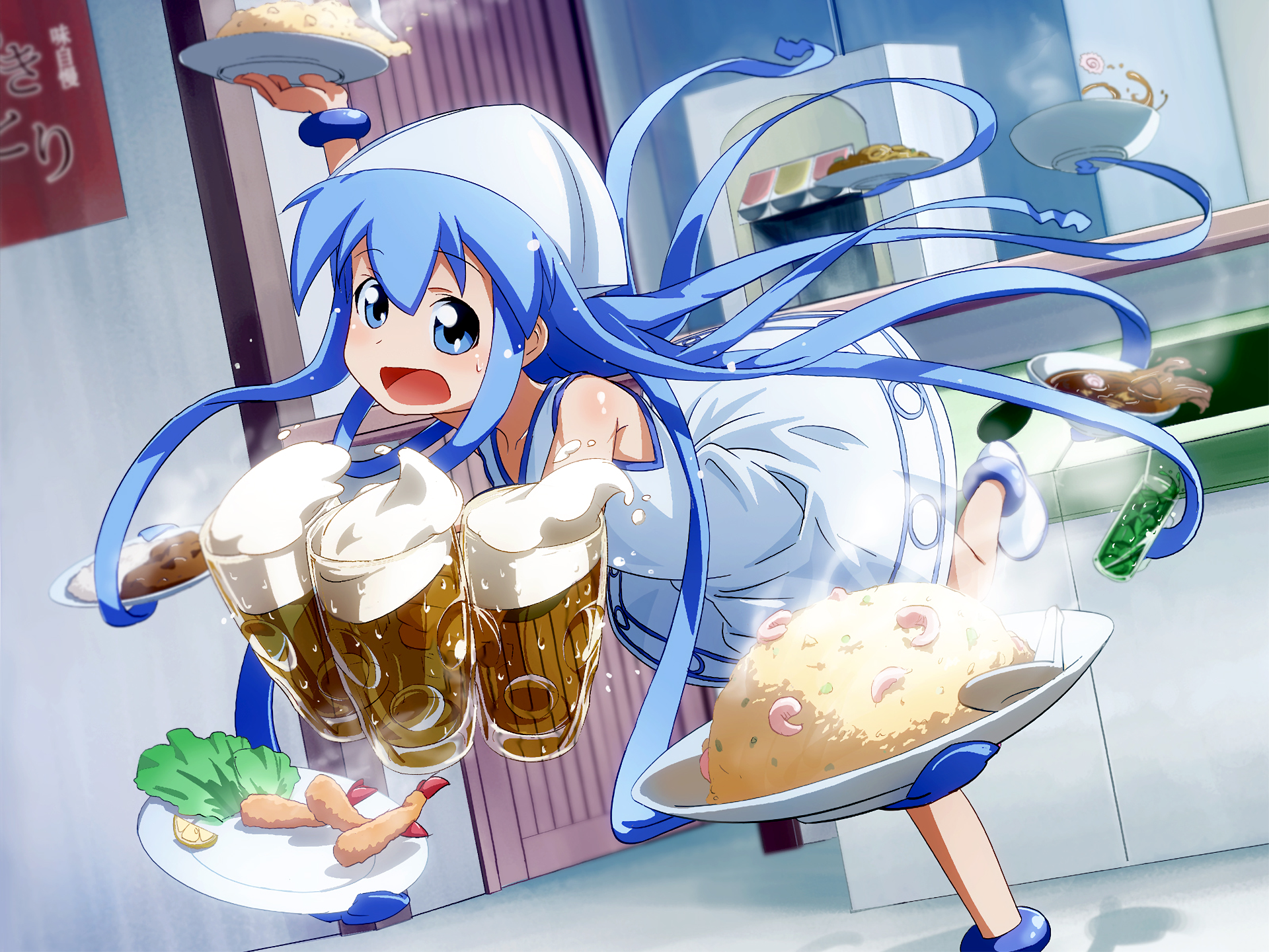 Ika Musume serving food and drinks HD Wallpaper
