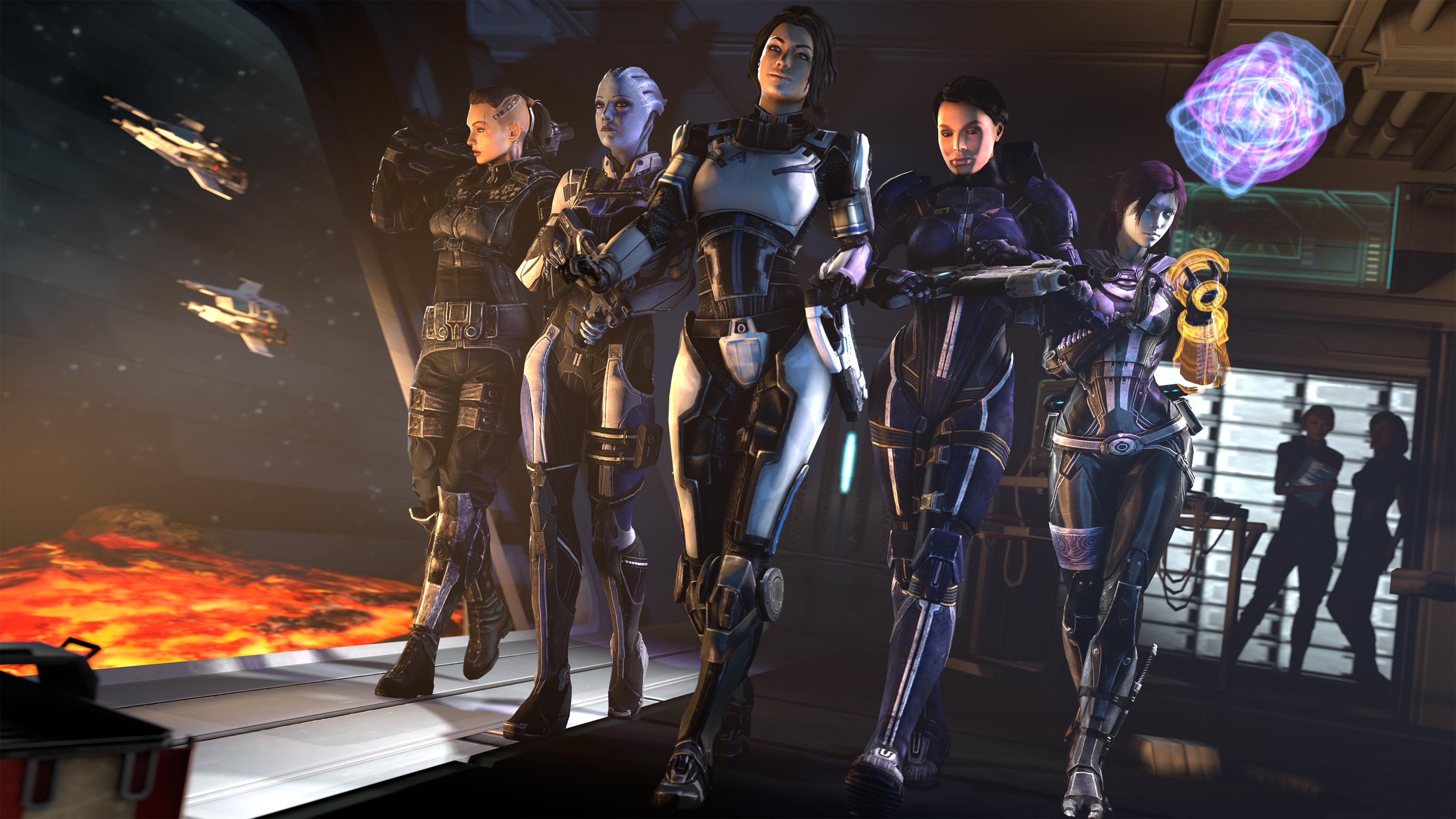 Mass Effect characters in a spaceship hangar HD Wallpaper