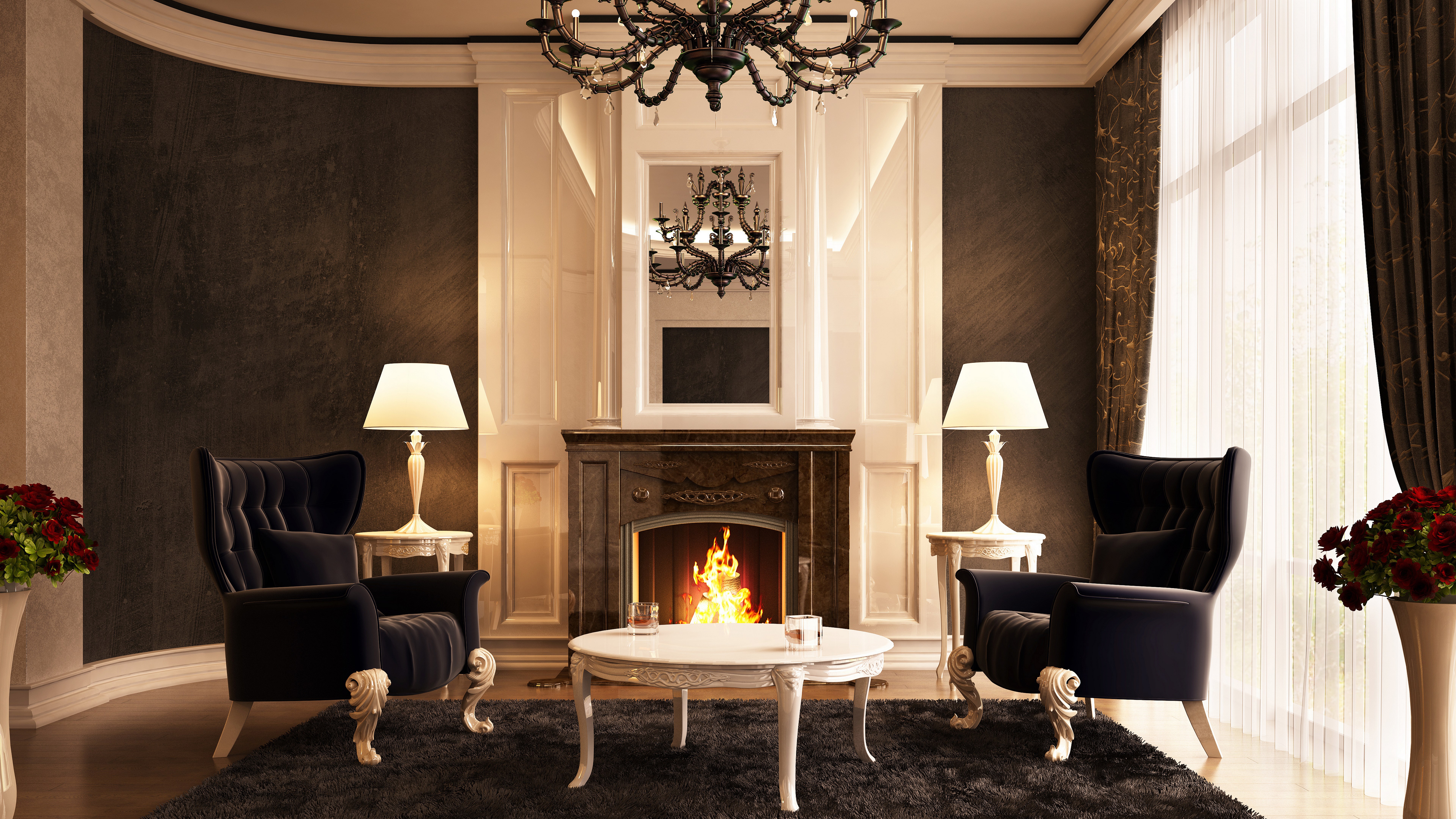 Luxurious living room with fireplace and armchairs HD Wallpaper