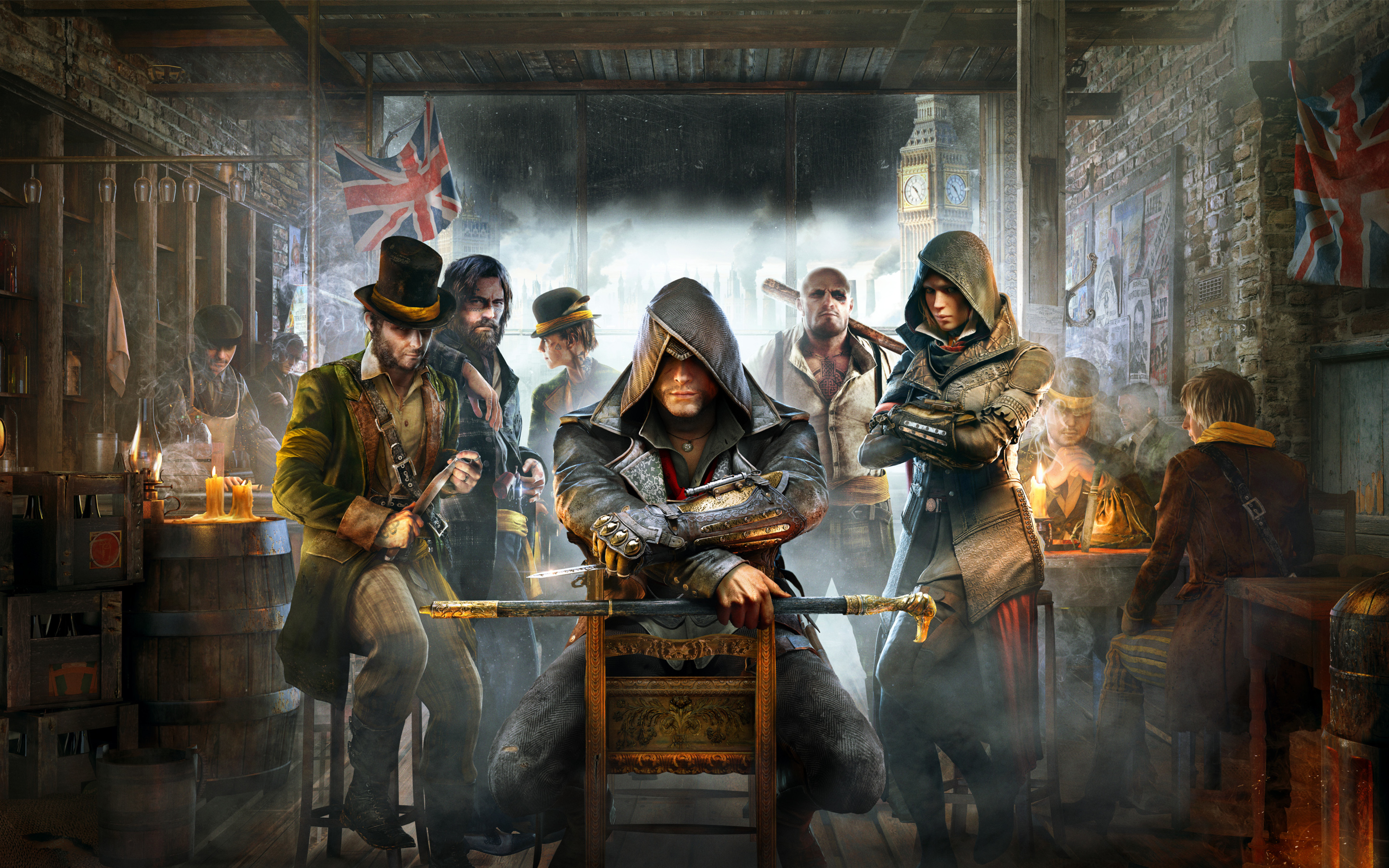 Jacob Frye and allies in a Victorian London pub HD Wallpaper