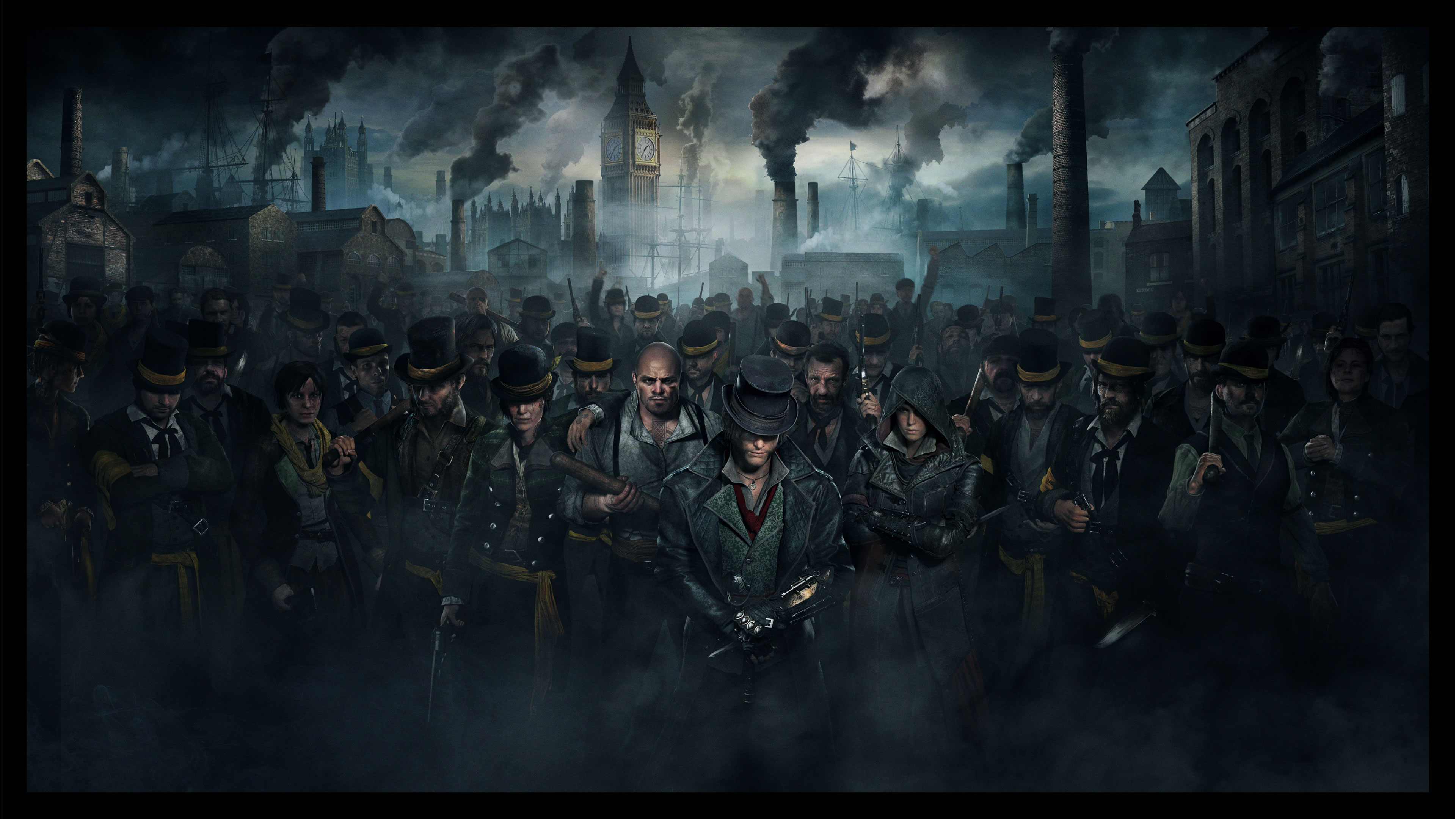 Jacob Frye and a crowd in industrial London HD Wallpaper