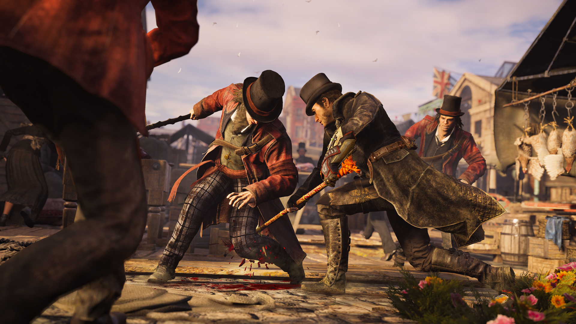 Jacob Frye fighting in a street market HD Wallpaper