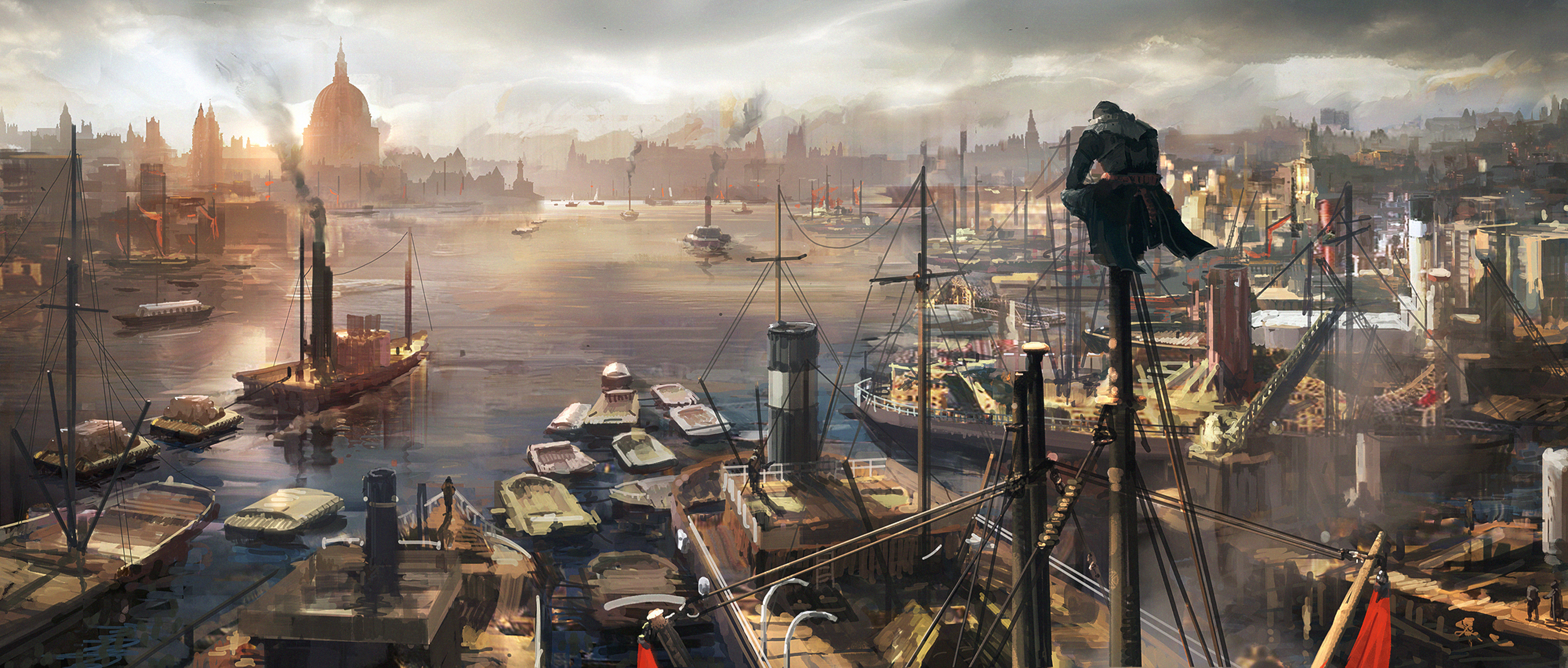 Jacob Frye overlooking a Victorian London harbor HD Wallpaper