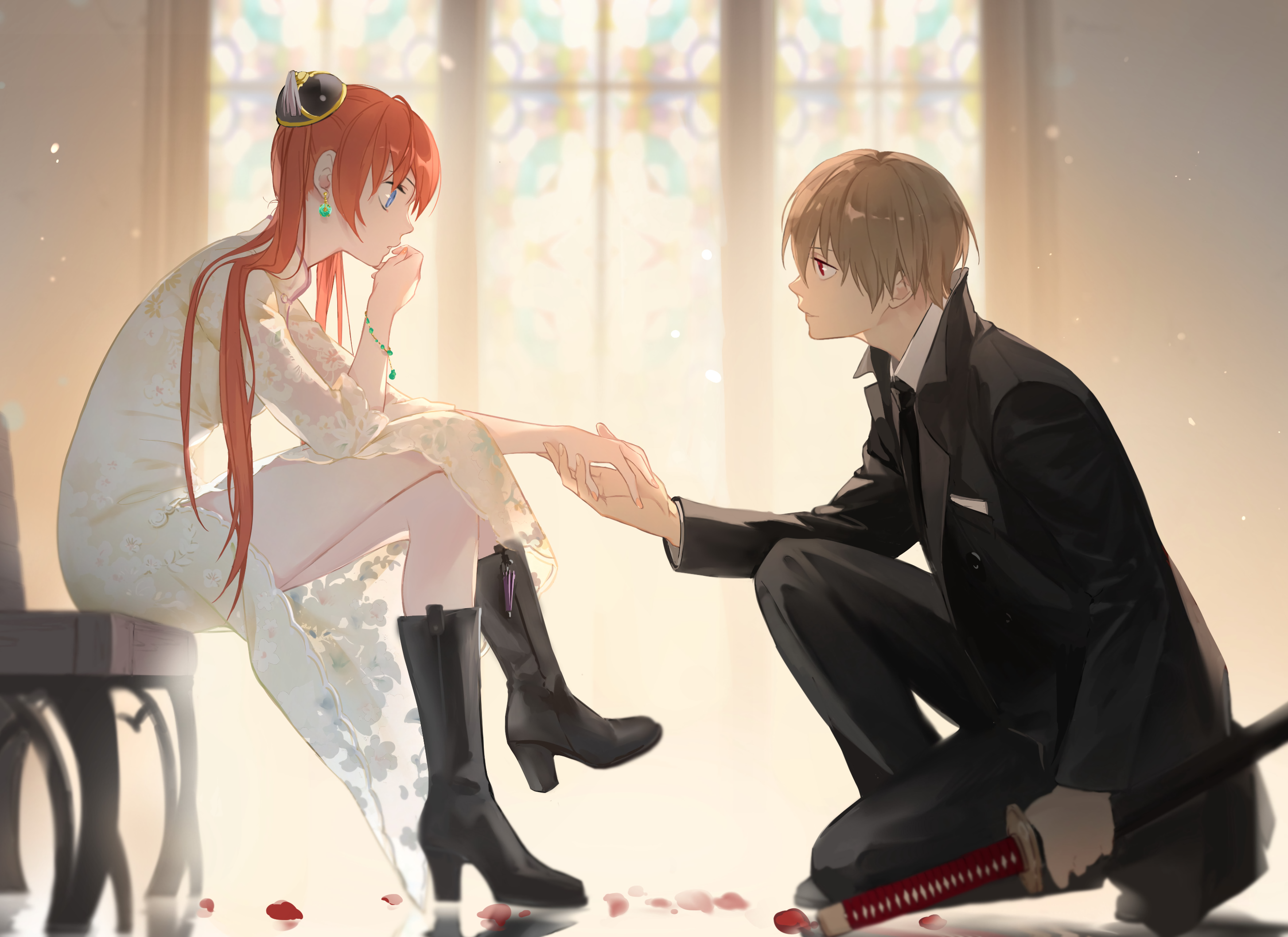 Kagura from Gintama in a white dress and a man in a suit HD Wallpaper
